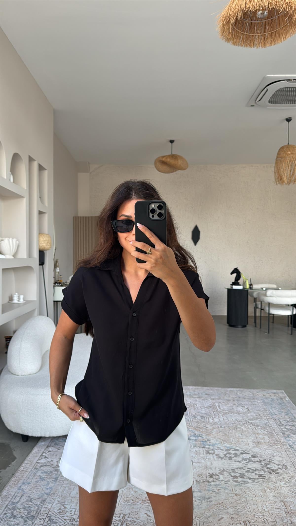 Siyah Viskon Kısa Kol Gömlek