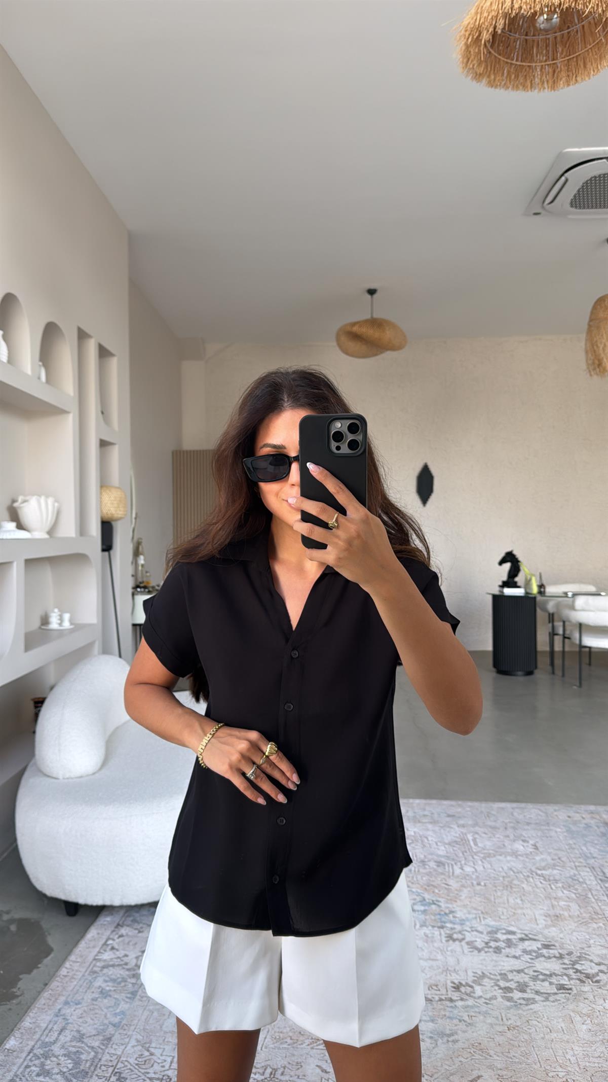 Siyah Viskon Kısa Kol Gömlek