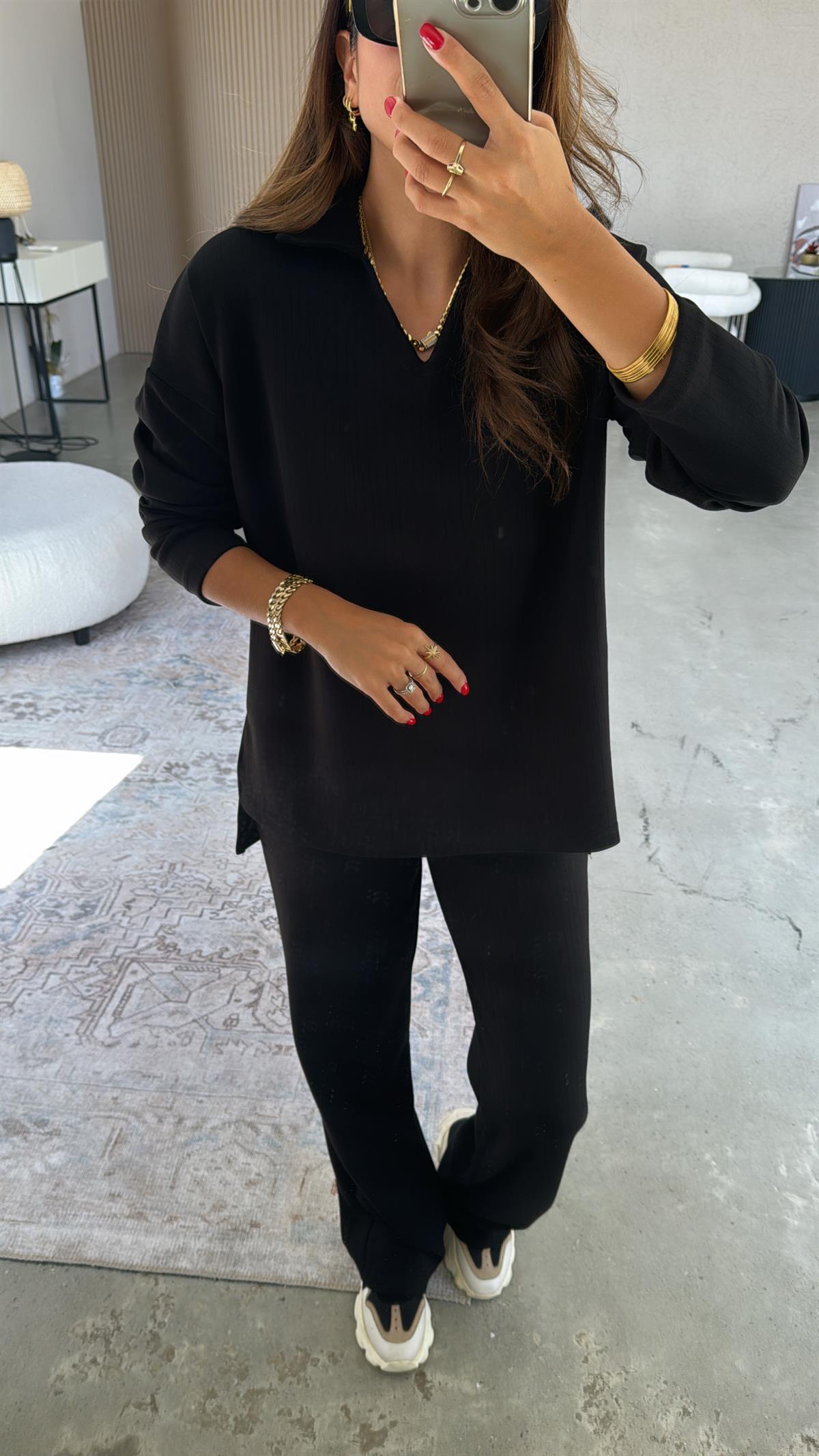 Siyah Yakalı Modal Kumaş Takım