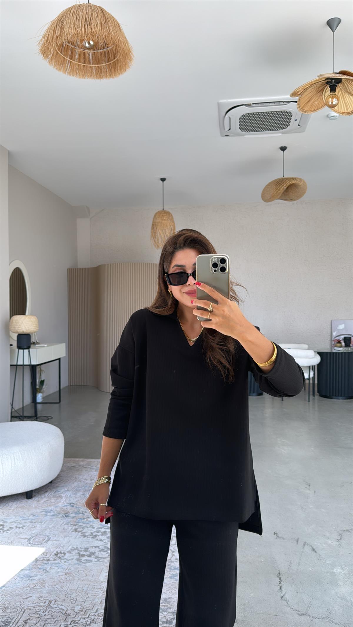 Siyah Yakalı Modal Kumaş Takım