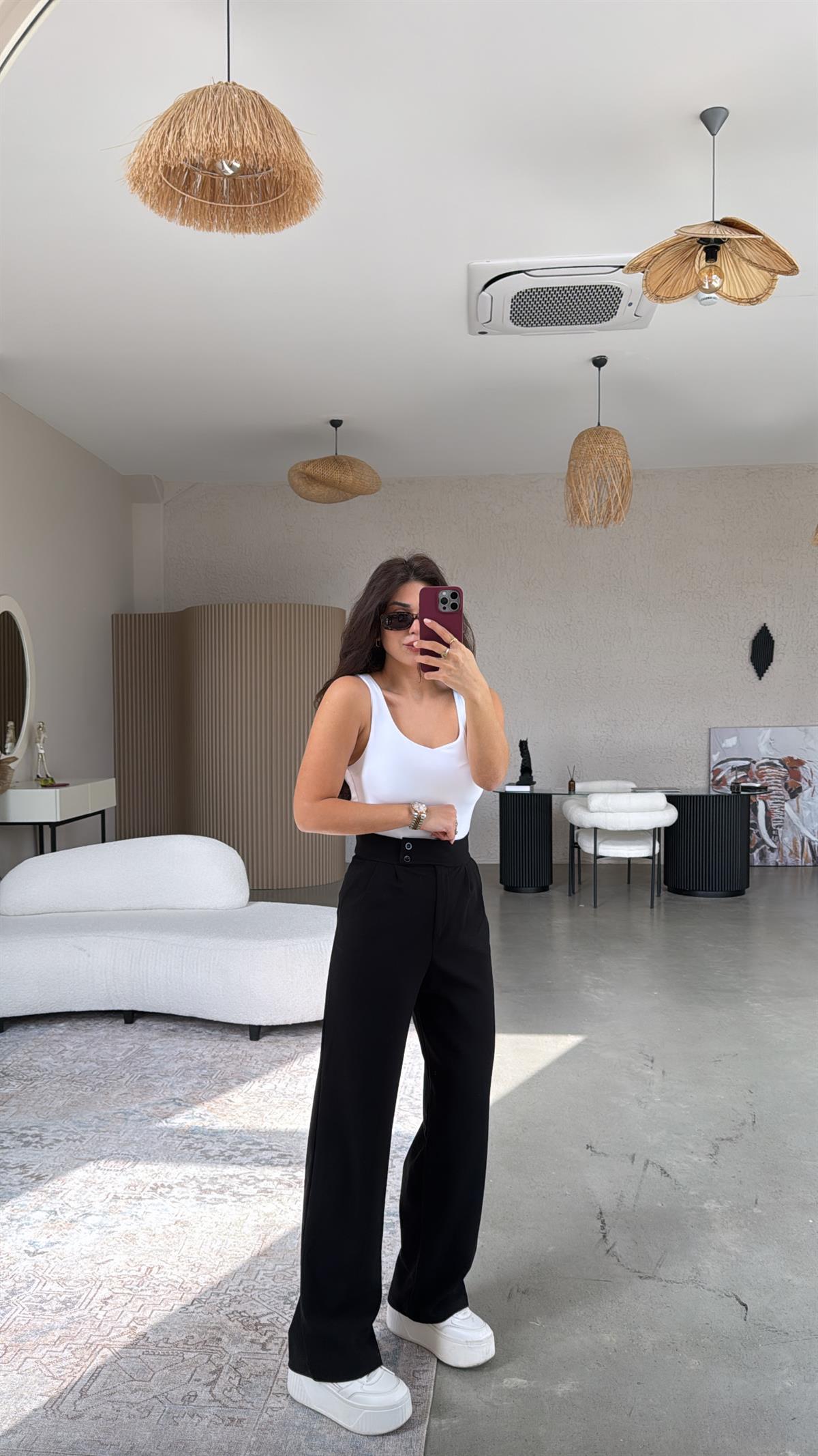 Siyah Yan Düğmeli Palazzo Pantolon