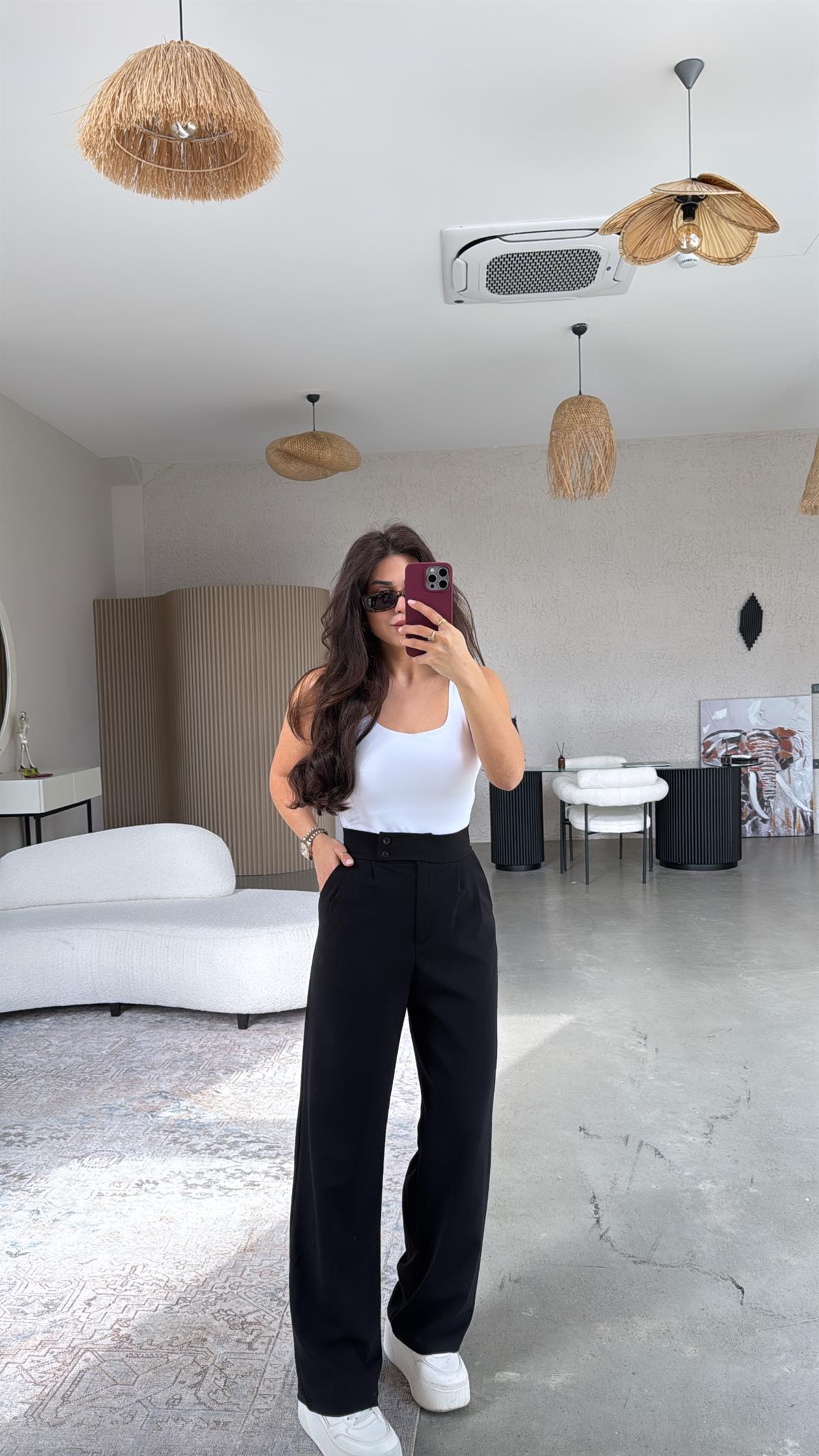 Siyah Yan Düğmeli Palazzo Pantolon