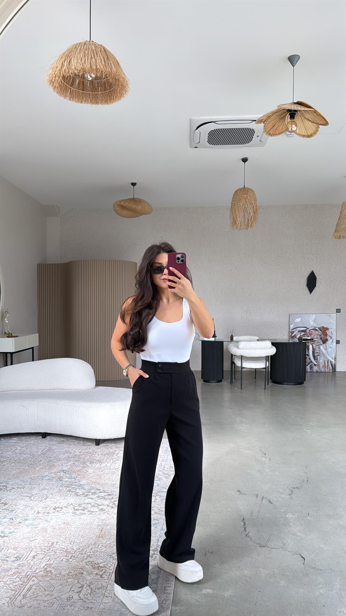 Siyah Yan Düğmeli Palazzo Pantolon