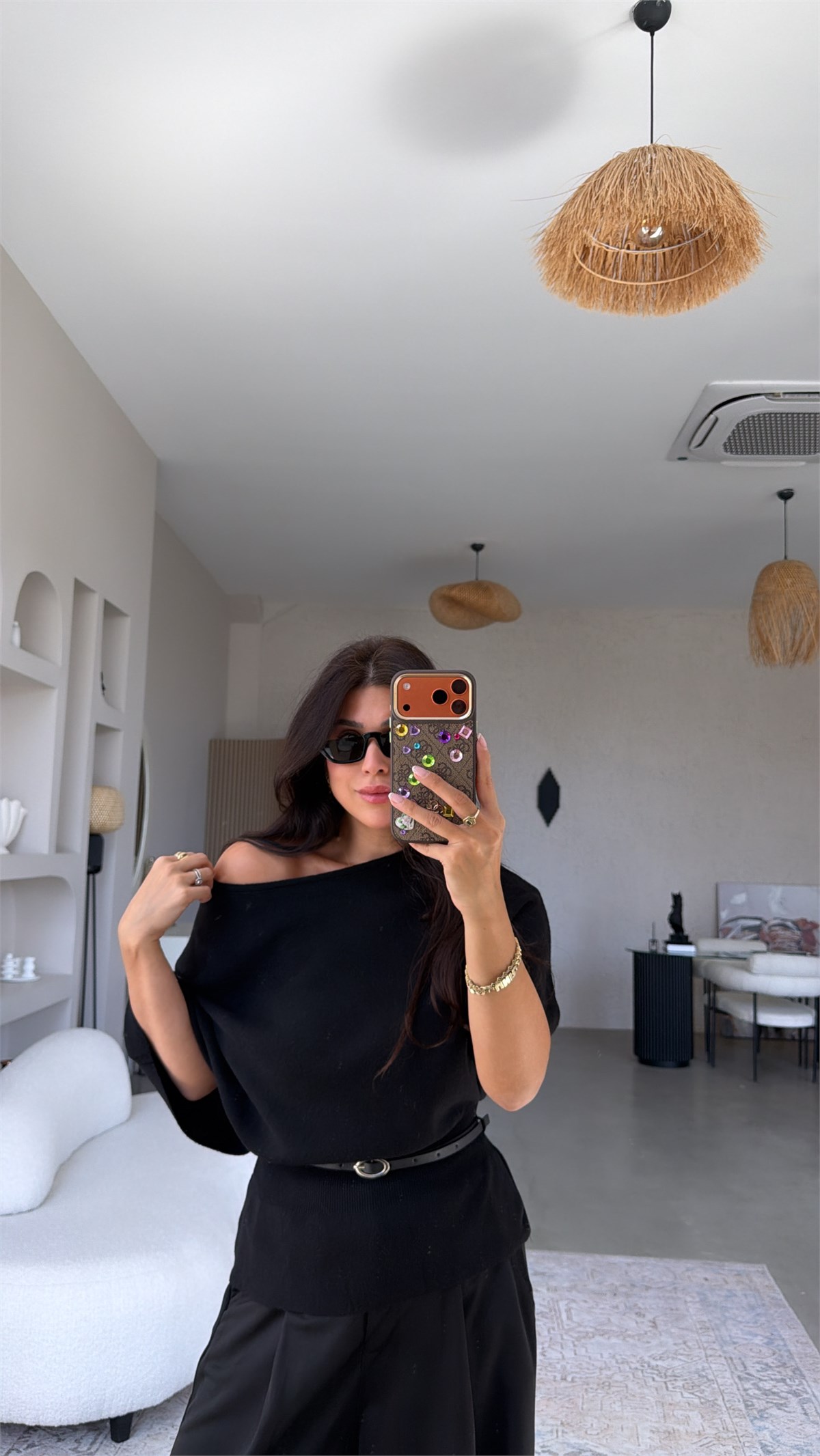 Siyah Yarasa Kol Kemerli Triko Bluz