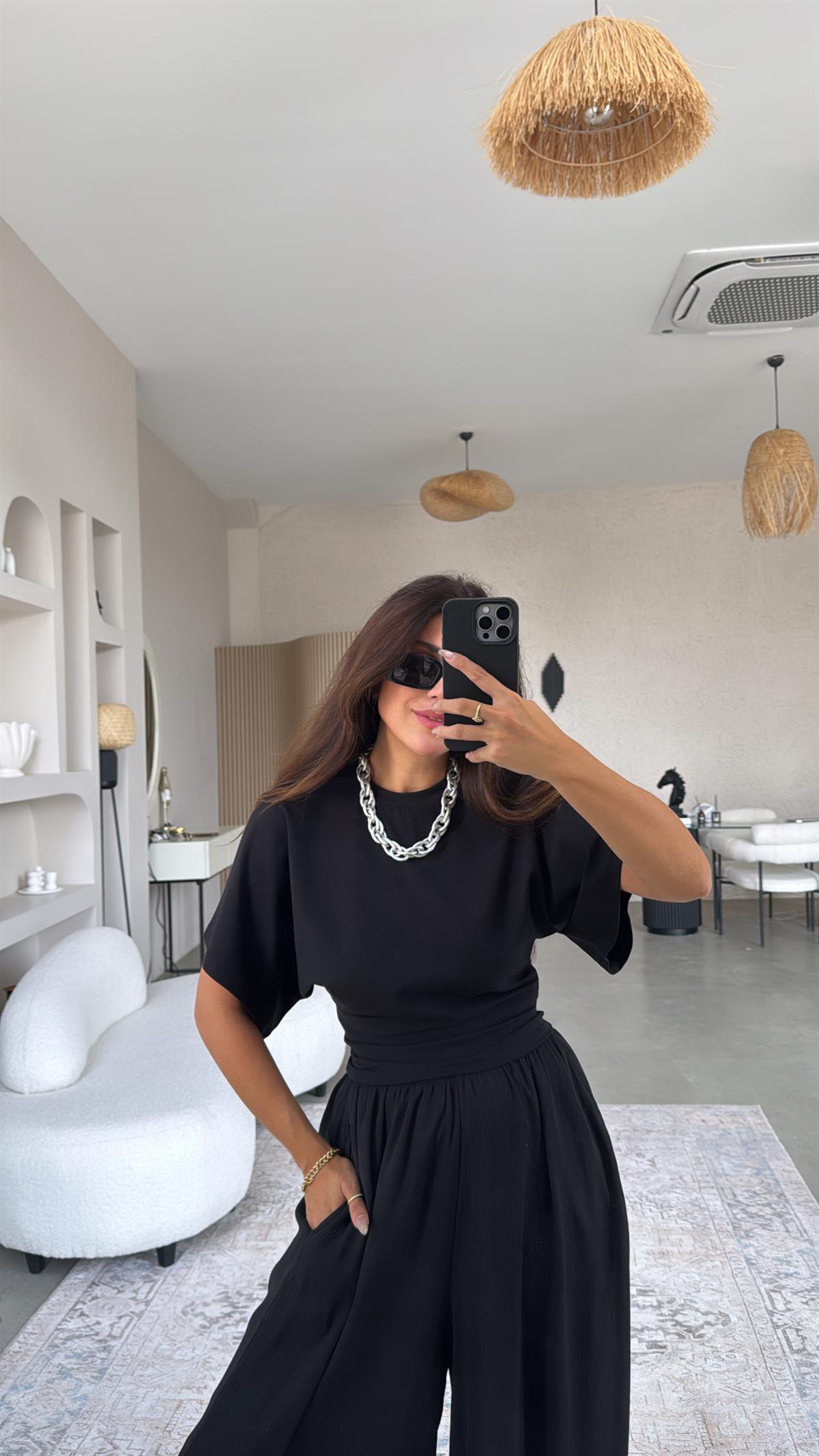 Siyah Yarasa Kol Pamuklu Cool Tshirt