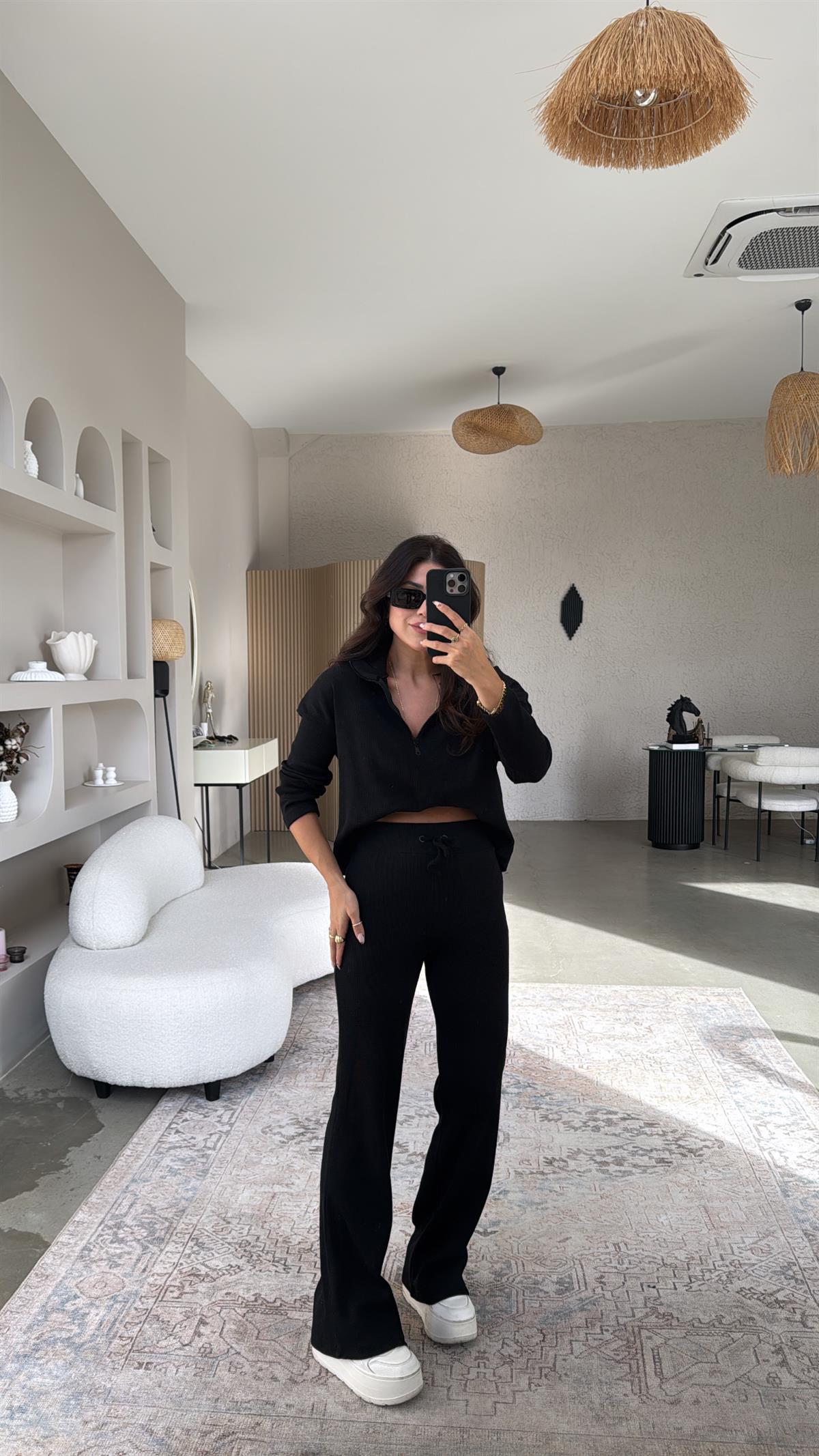 Siyah Yarım Fermuarlı Fitilli Basic Takım