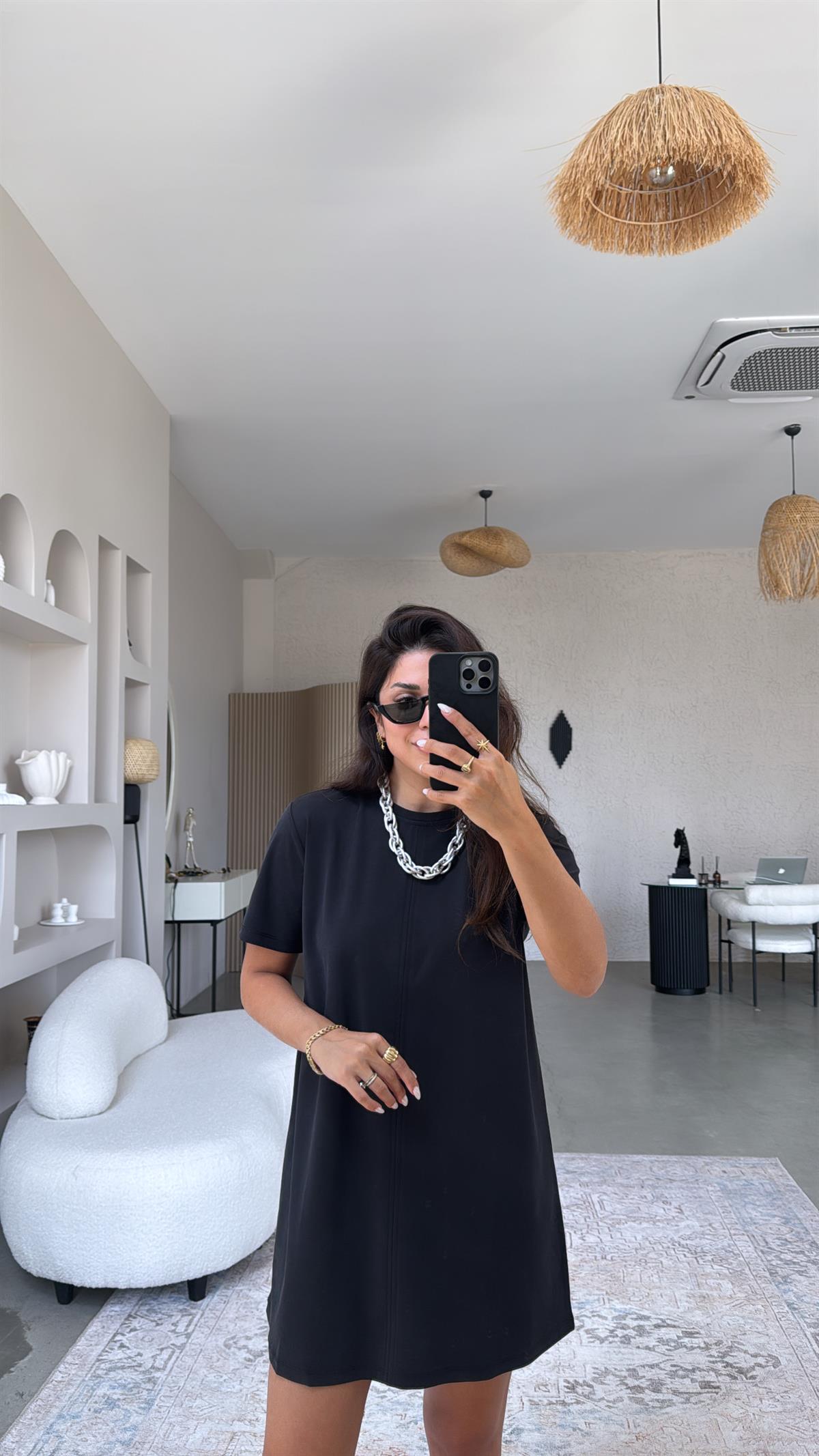 Siyah Yıkamalı Mini Elbise
