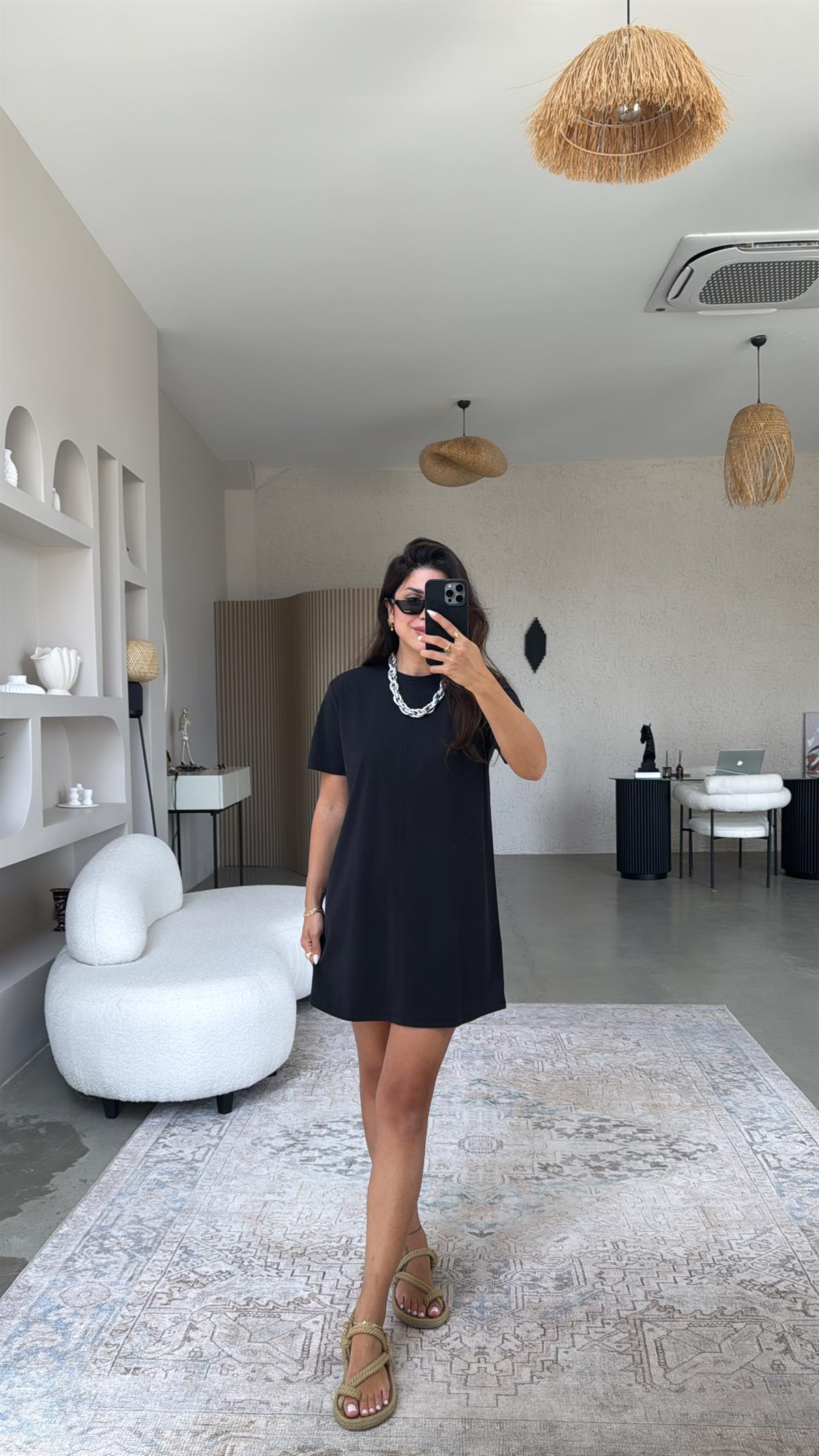 Siyah Yıkamalı Mini Elbise