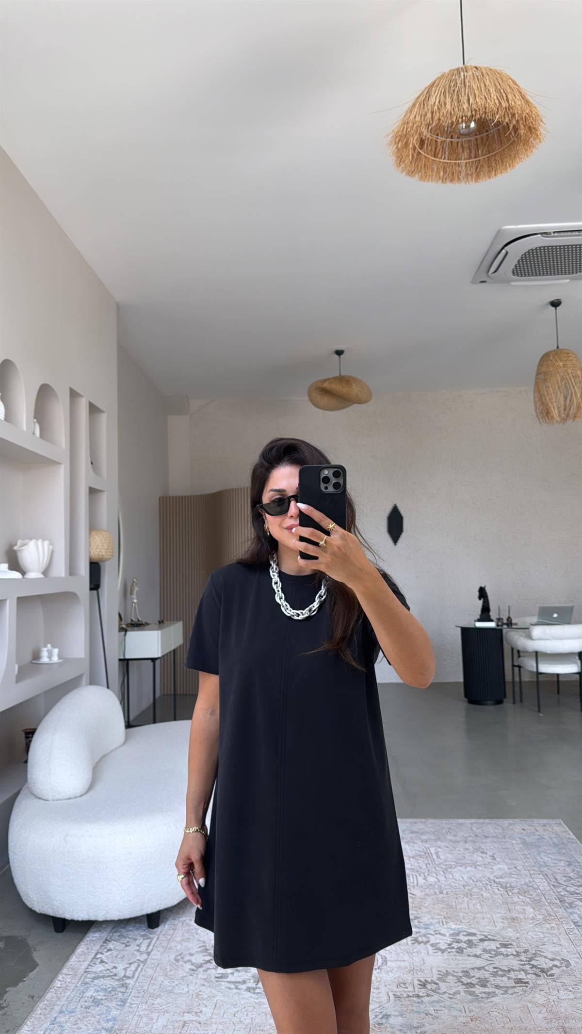 Siyah Yıkamalı Mini Elbise