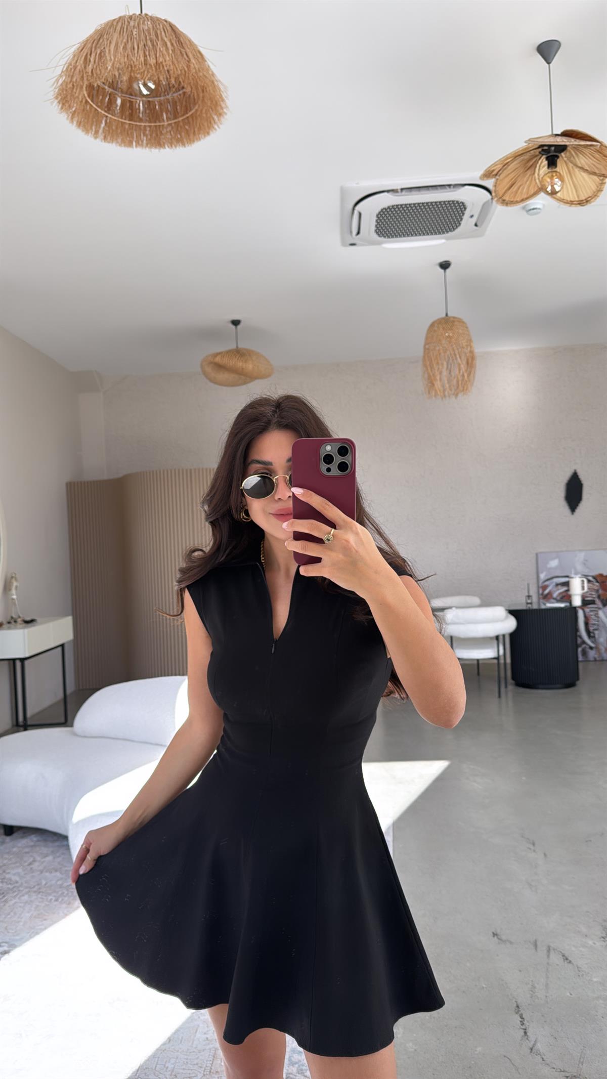 Siyah ZR Gömlek Yaka Fermuarlı Elbise