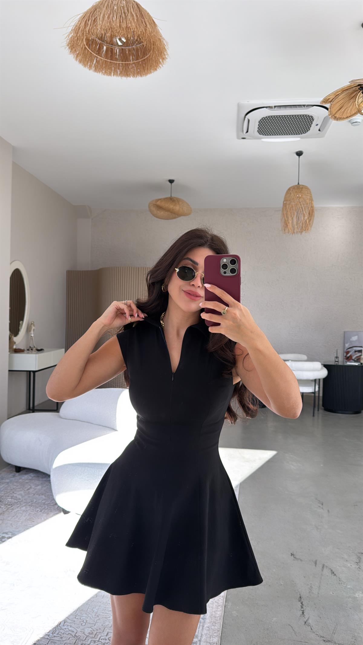Siyah ZR Gömlek Yaka Fermuarlı Elbise