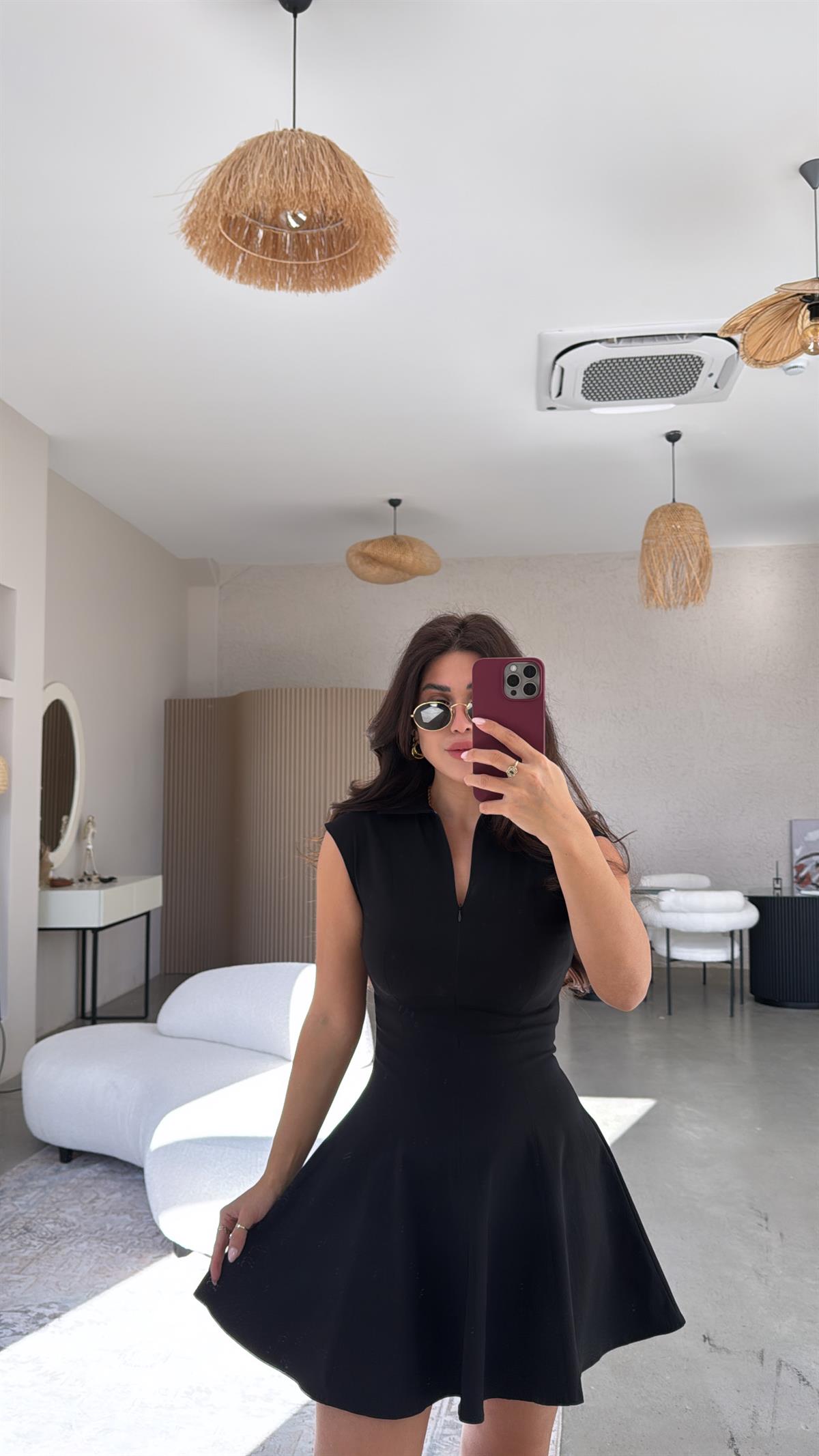 Siyah ZR Gömlek Yaka Fermuarlı Elbise