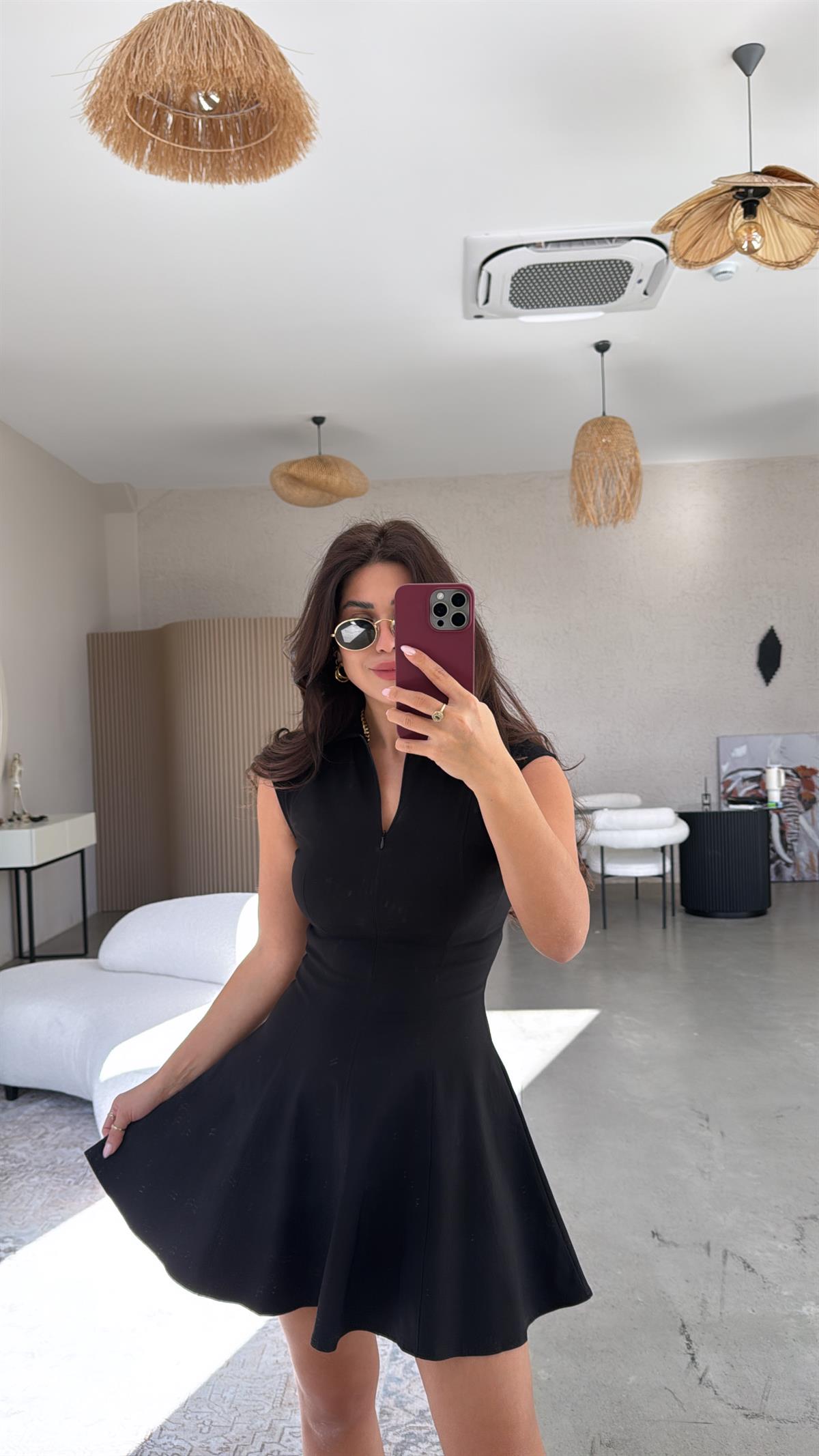 Siyah ZR Gömlek Yaka Fermuarlı Elbise