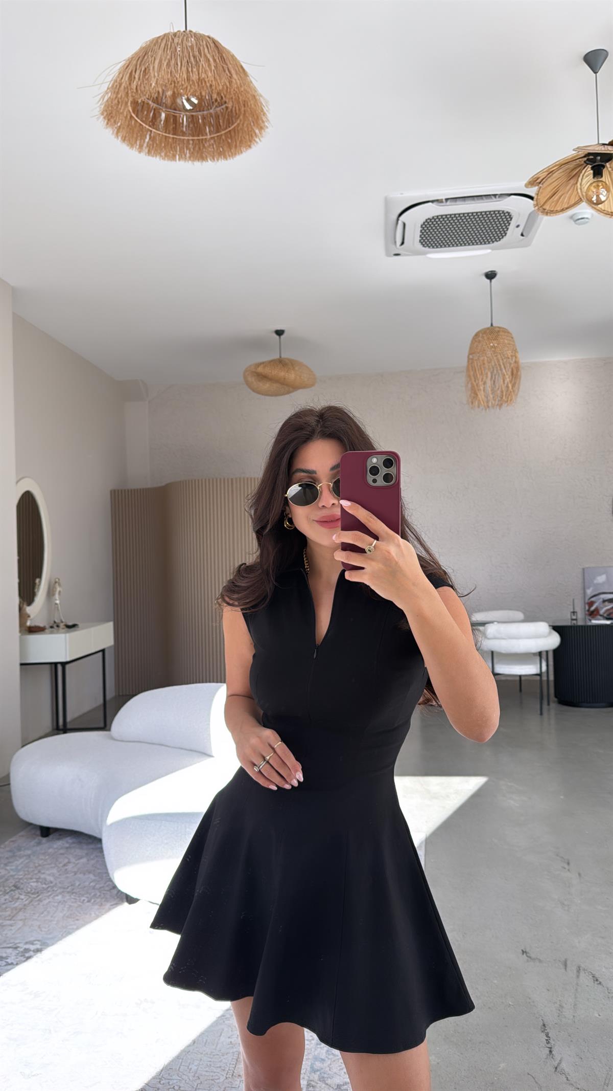 Siyah ZR Gömlek Yaka Fermuarlı Elbise