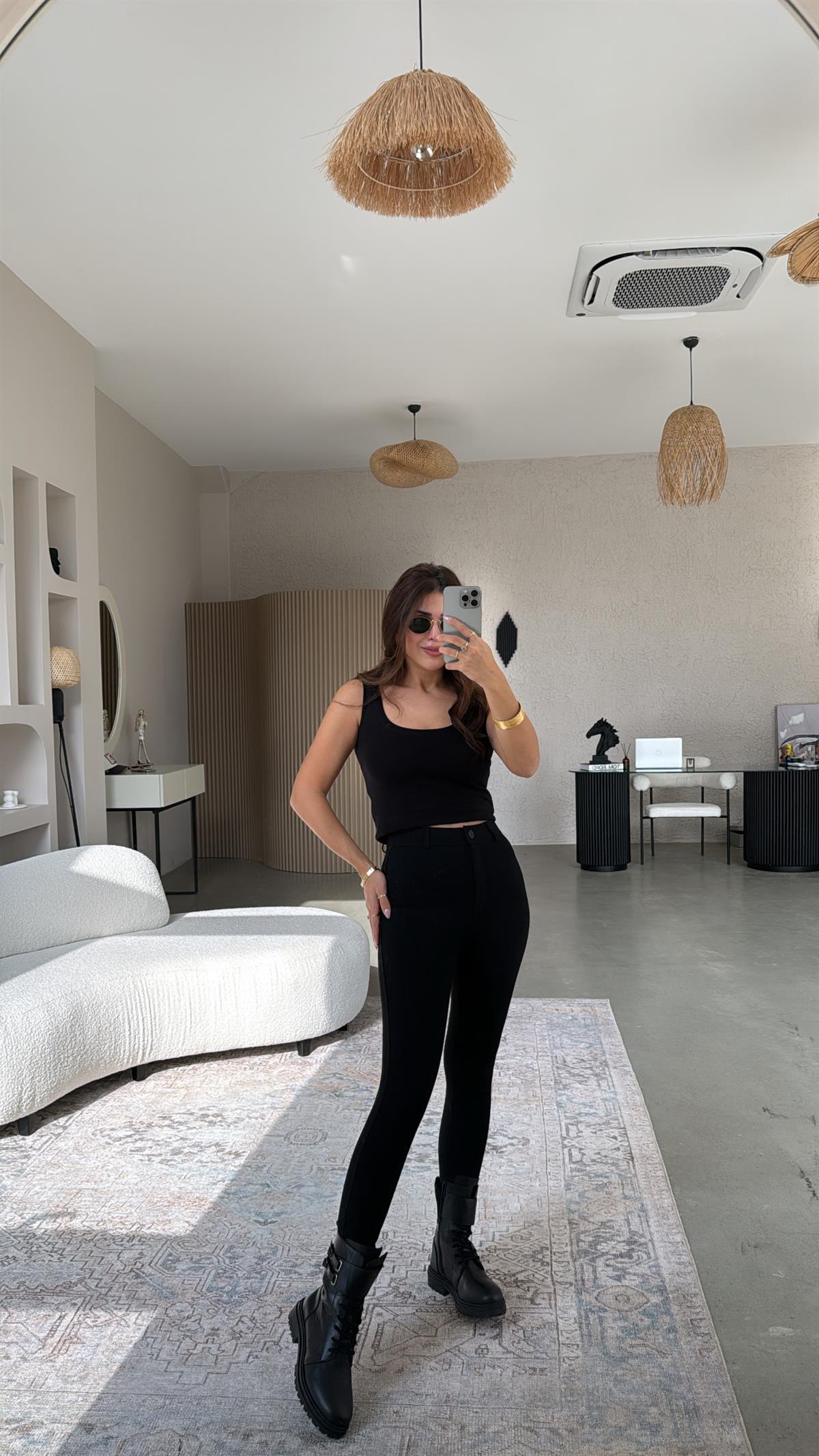 Siyah Zr Mat Düğmeli Çelik Tayt Pantolon