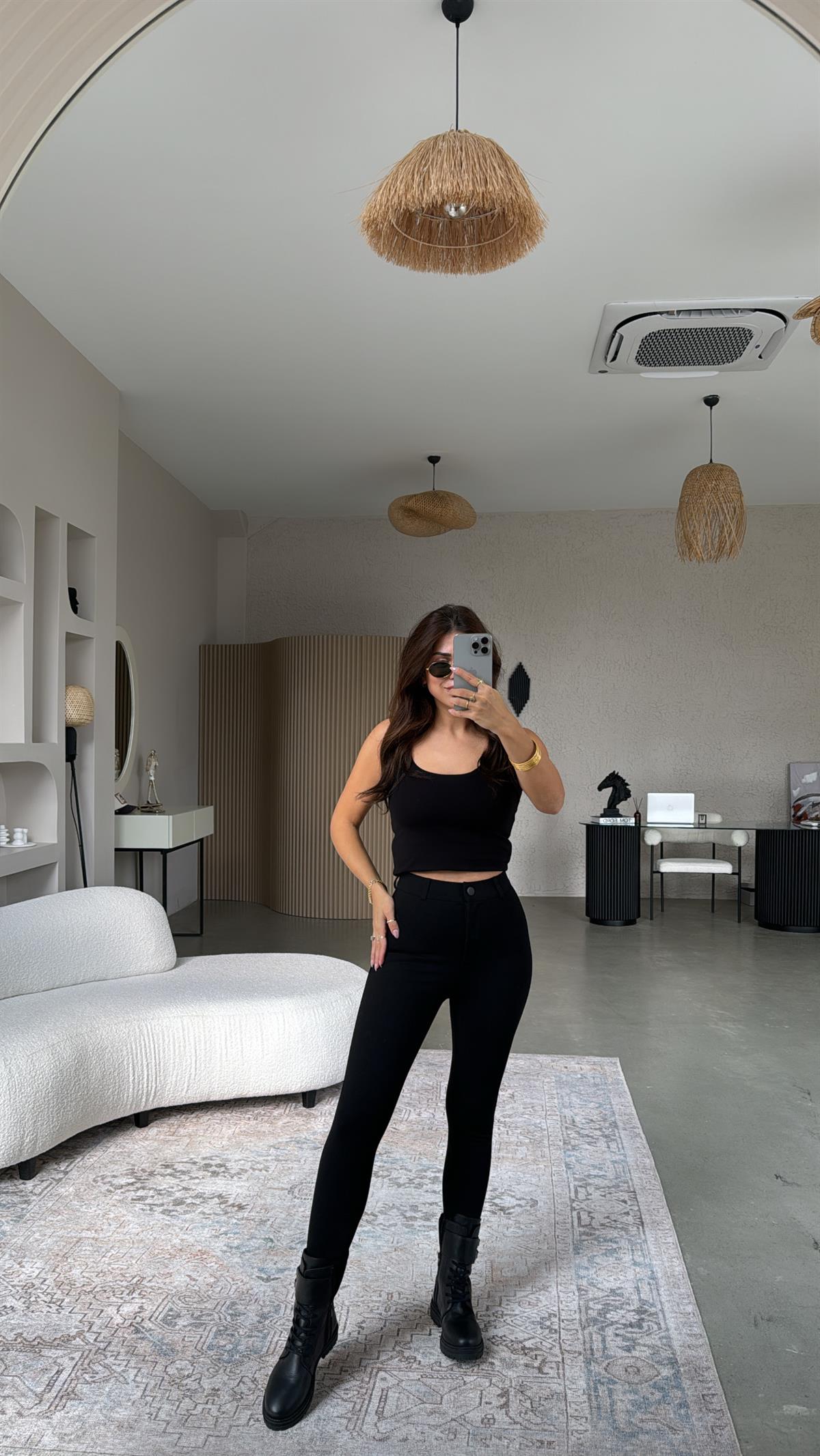 Siyah Zr Mat Düğmeli Çelik Tayt Pantolon