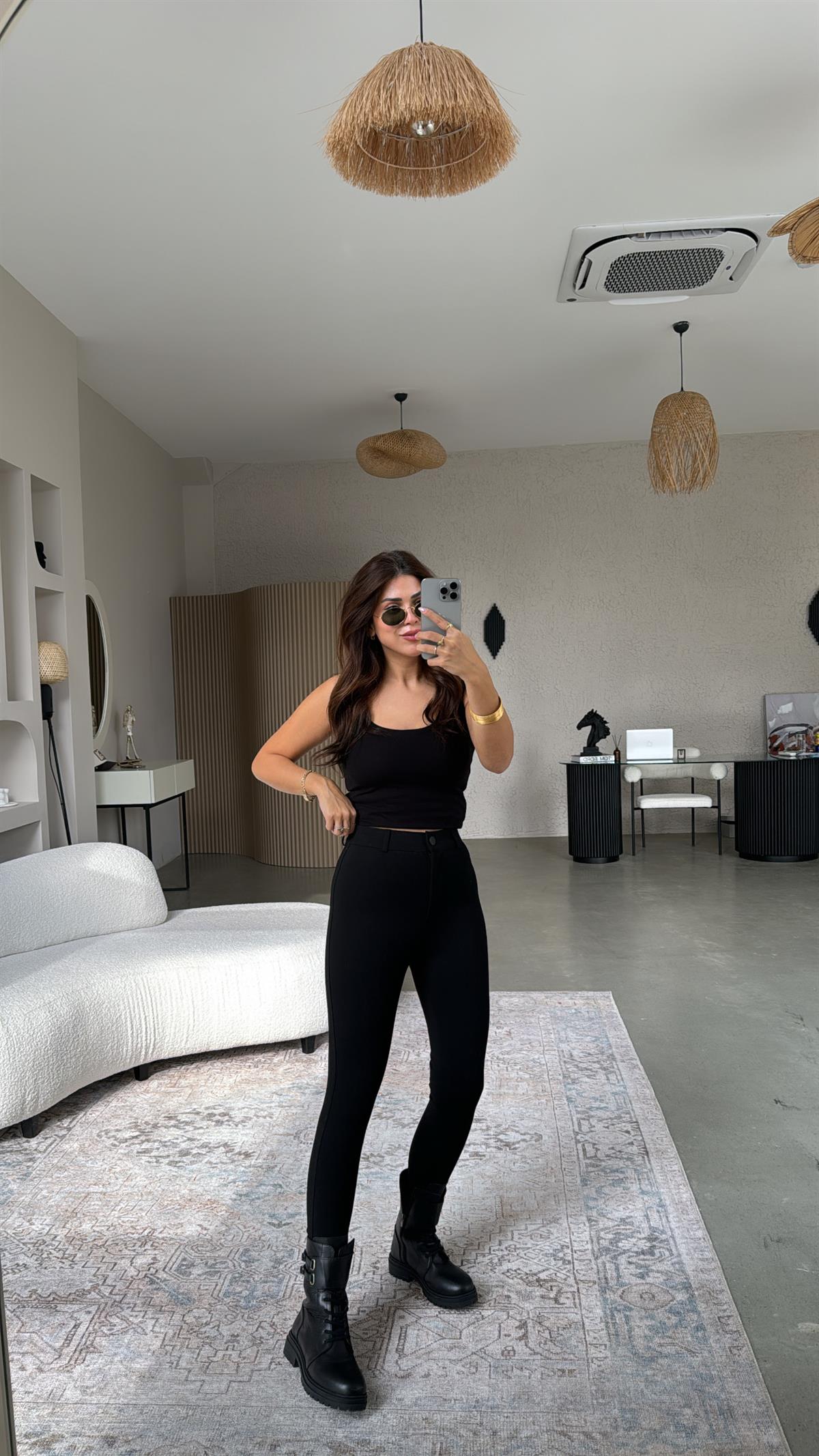 Siyah Zr Mat Düğmeli Çelik Tayt Pantolon