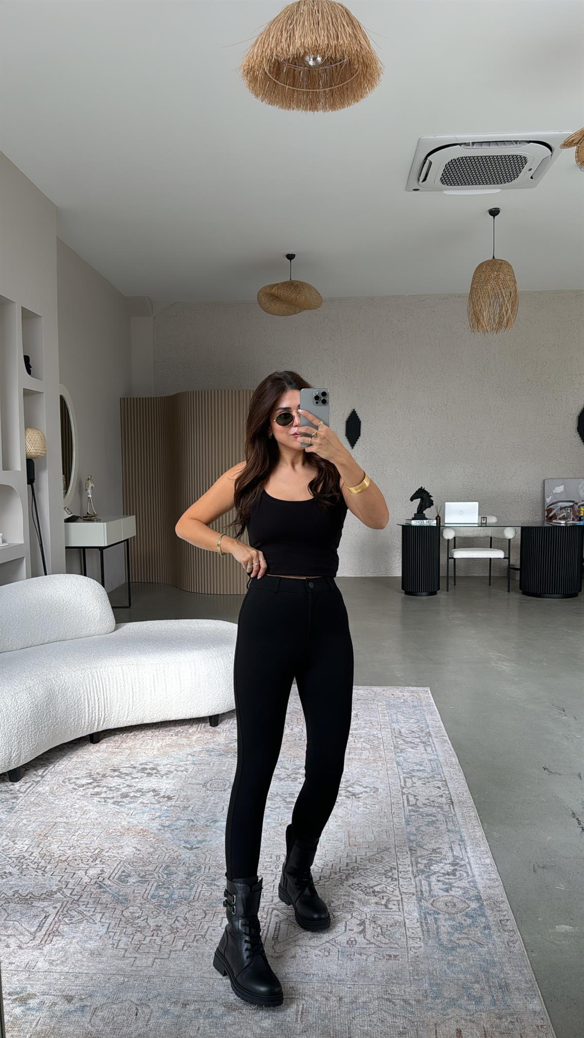 Siyah Zr Mat Düğmeli Çelik Tayt Pantolon