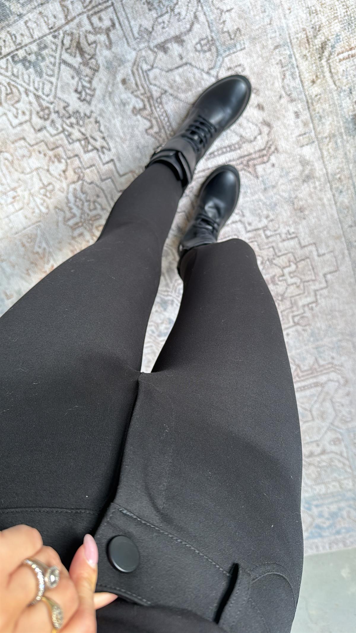 Siyah Zr Mat Düğmeli Çelik Tayt Pantolon