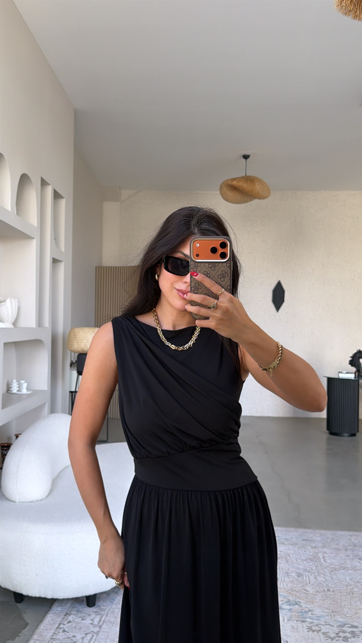 Siyah ZR Model Drape Detaylı Midi Elbise