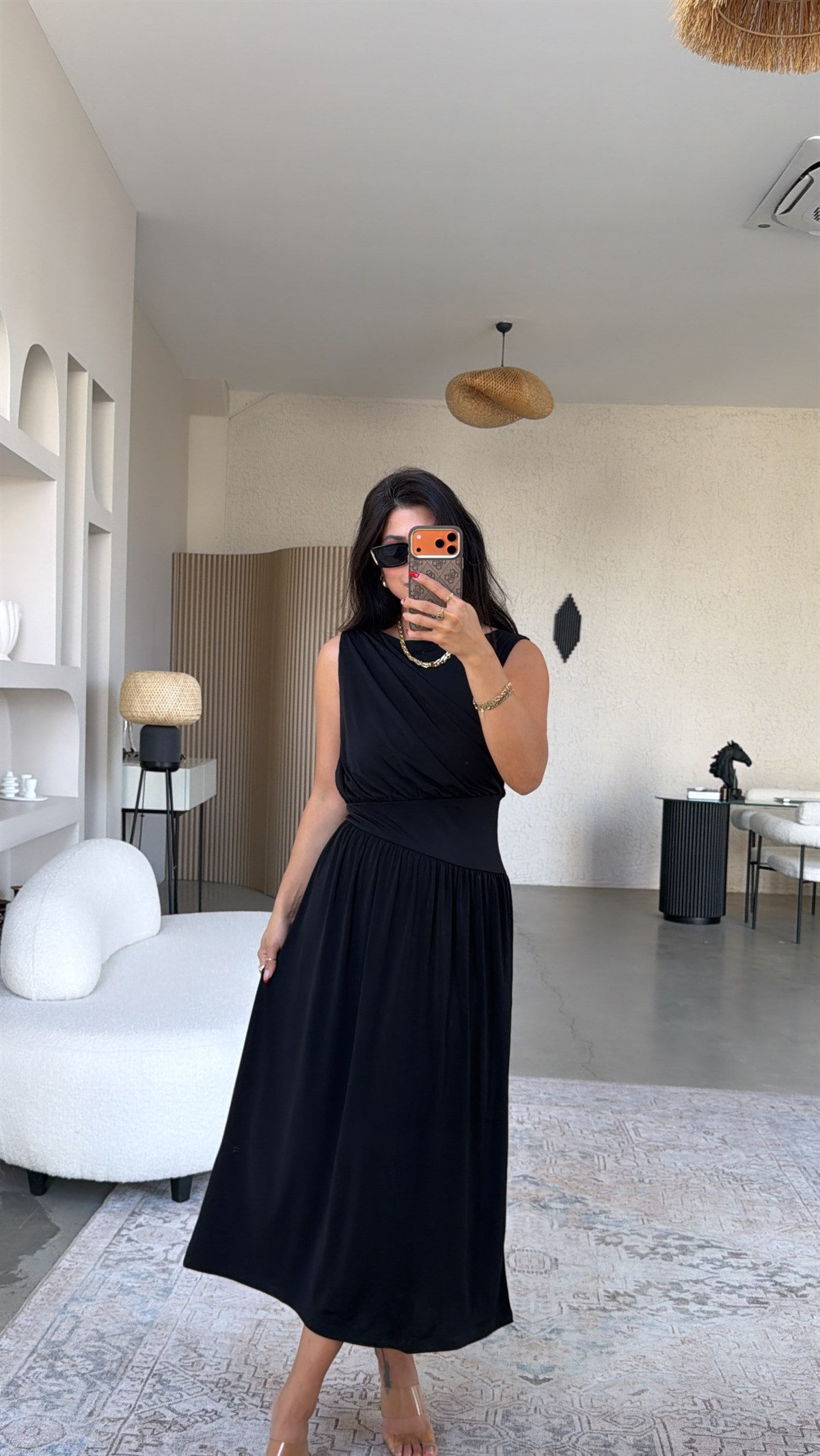 Siyah ZR Model Drape Detaylı Midi Elbise