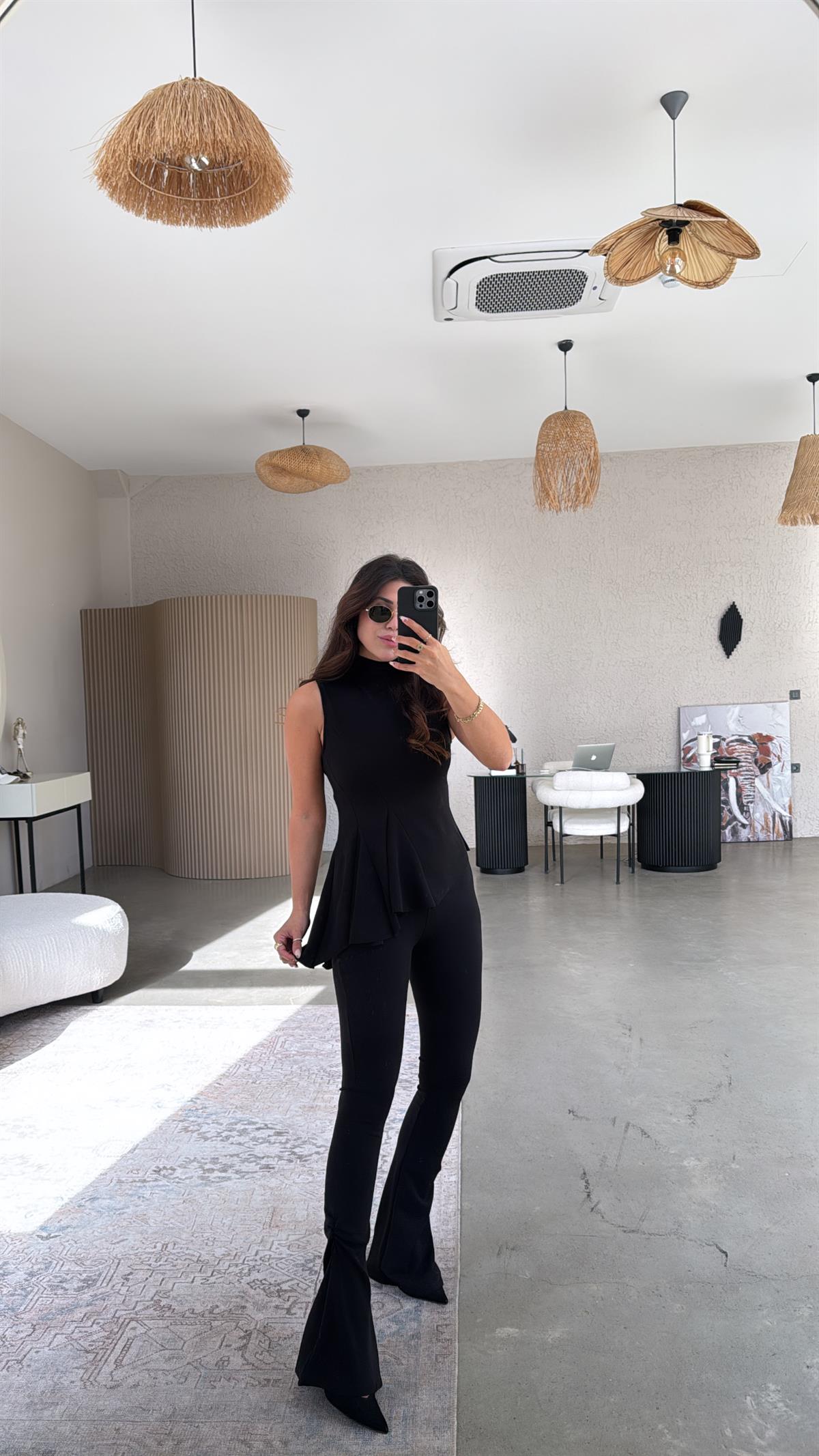 Siyah ZR Model Likralı Krep Kumaş Volanlı İspanyol Takım