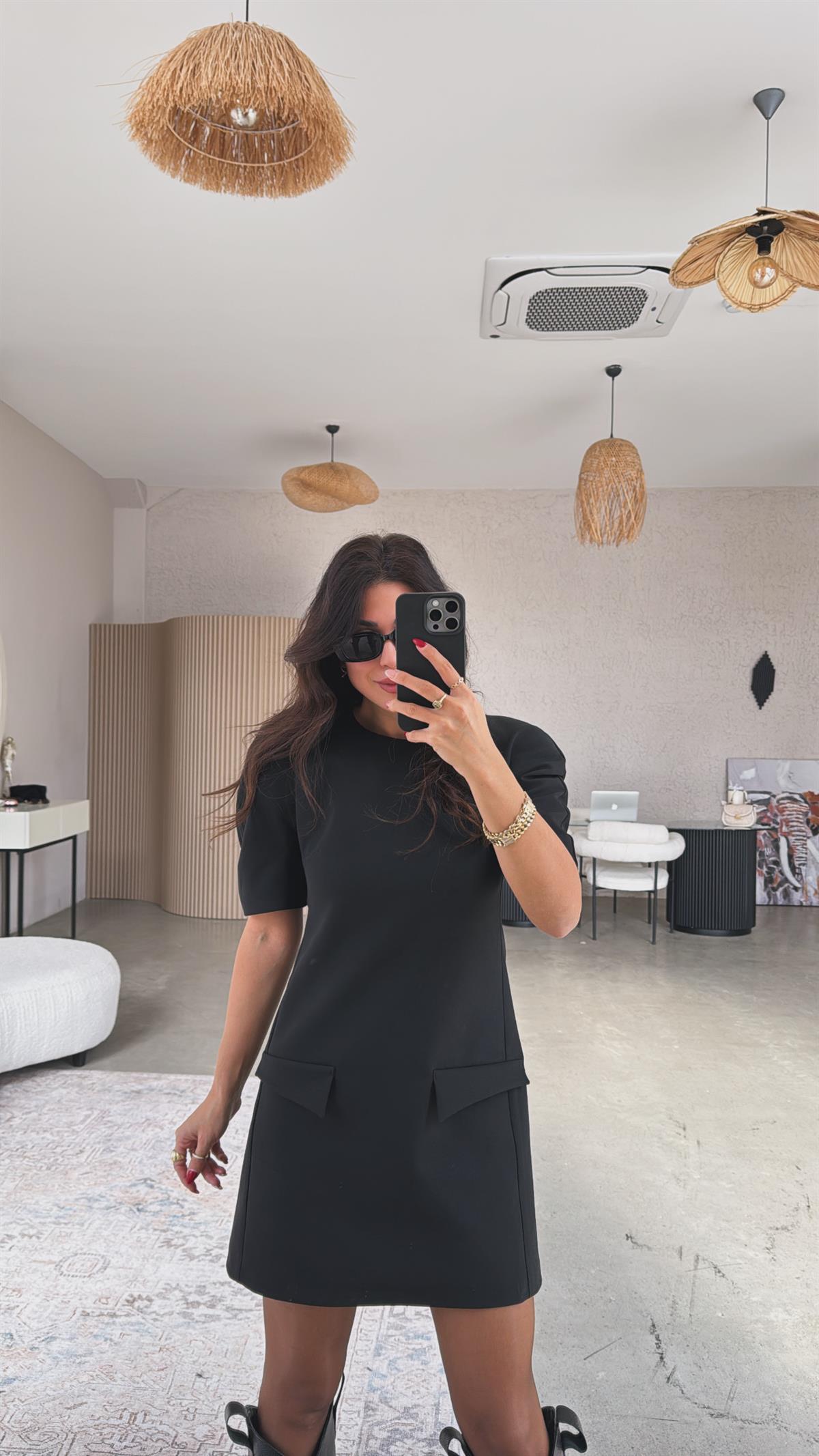Siyah ZR Model Premium Kapak Cepli Kumaş Elbise