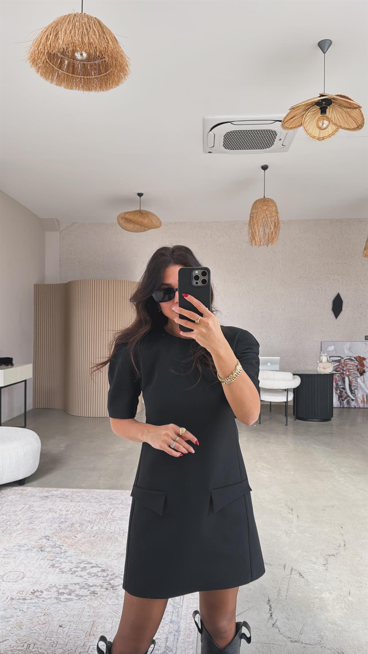 Siyah ZR Model Premium Kapak Cepli Kumaş Elbise