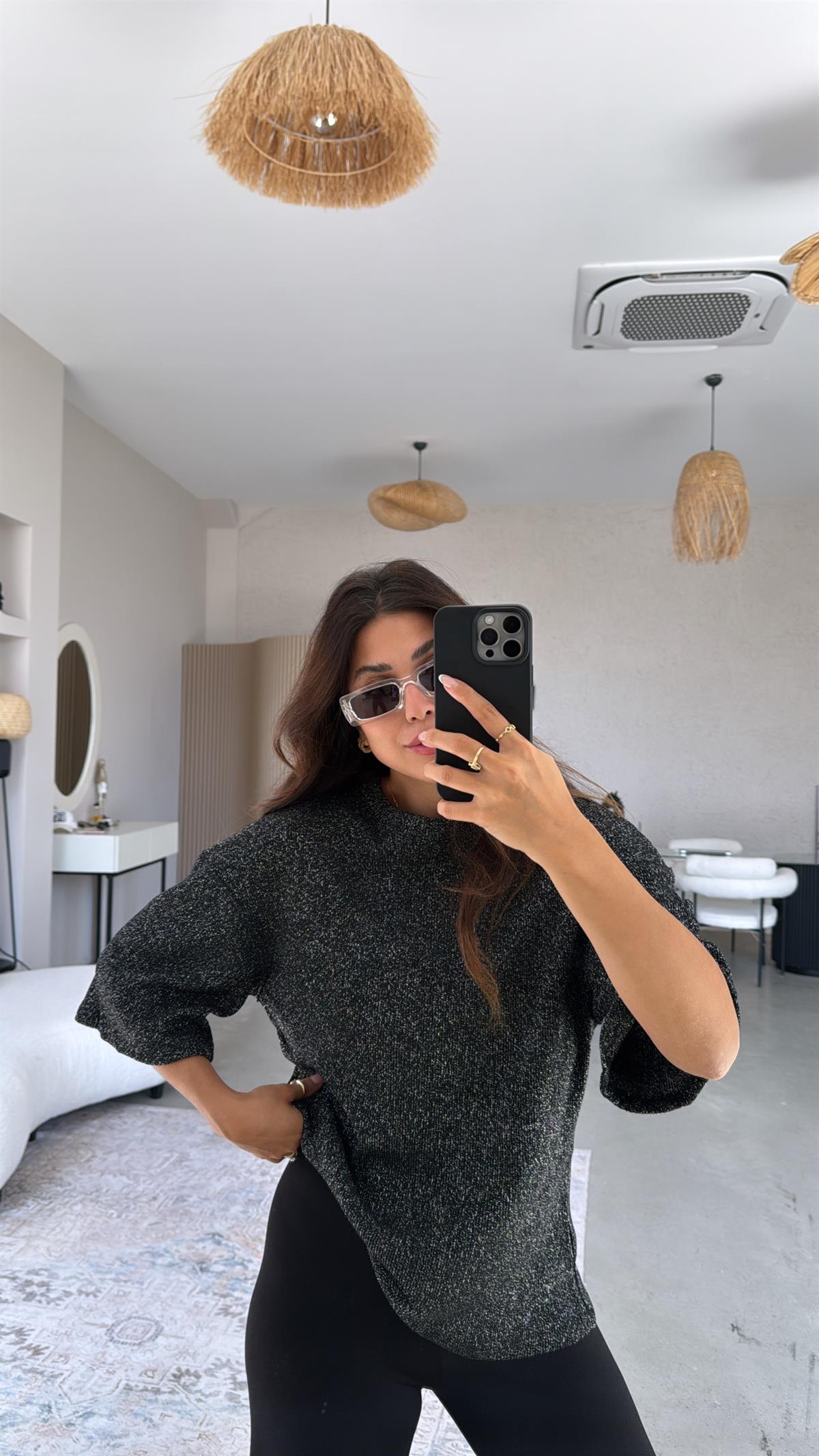 Siyah ZR Simli Triko Bluz