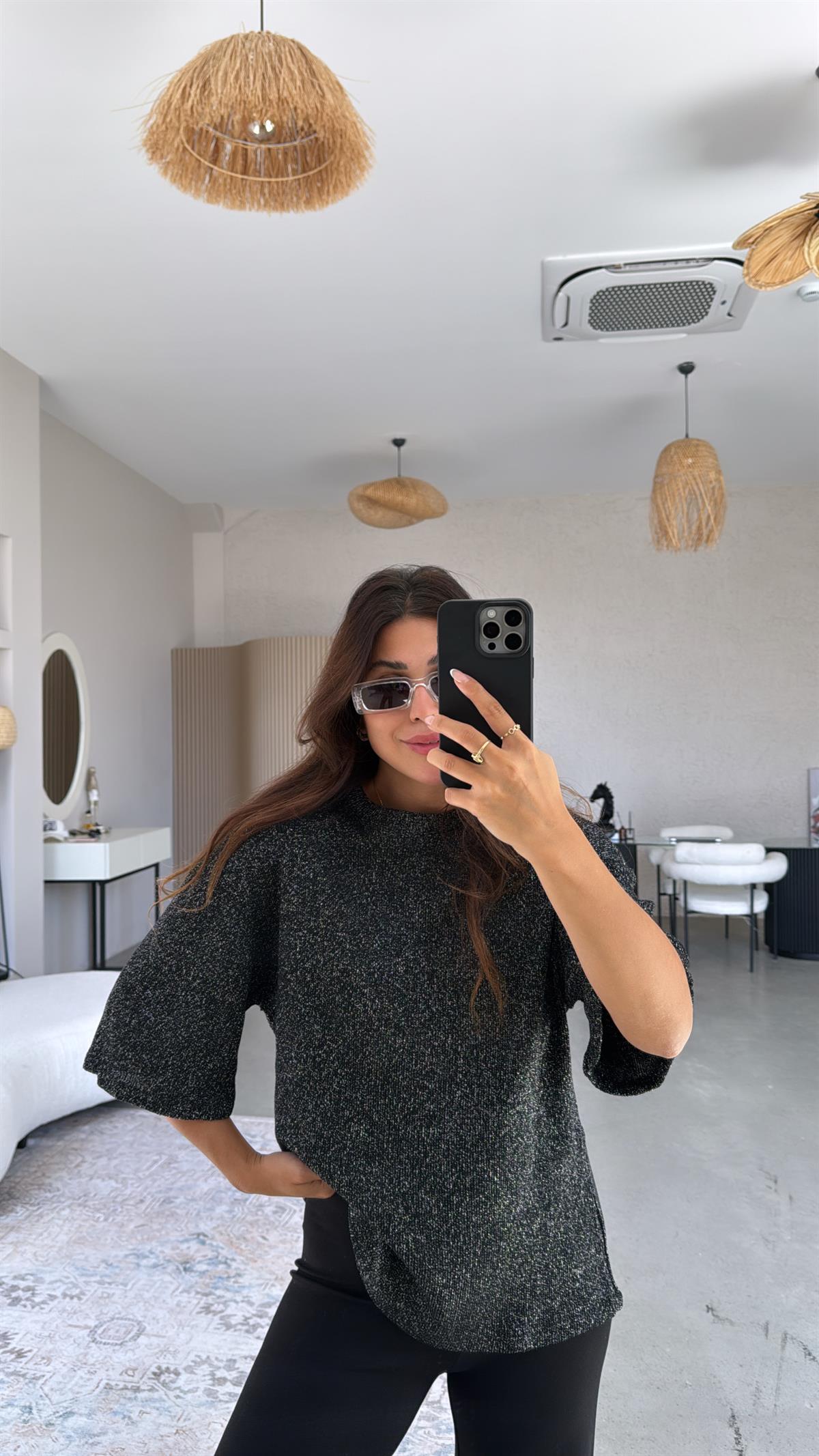 Siyah ZR Simli Triko Bluz