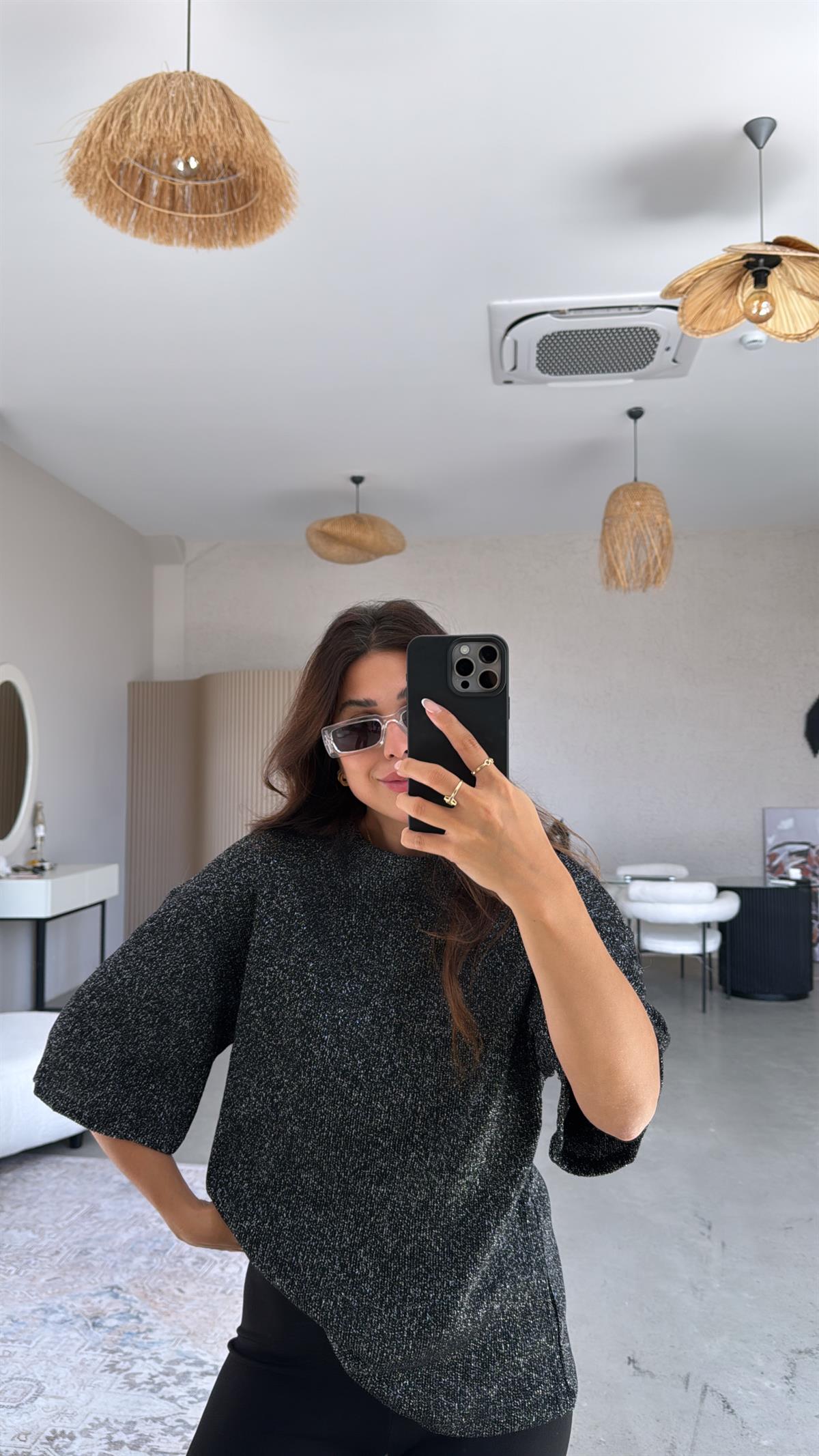 Siyah ZR Simli Triko Bluz