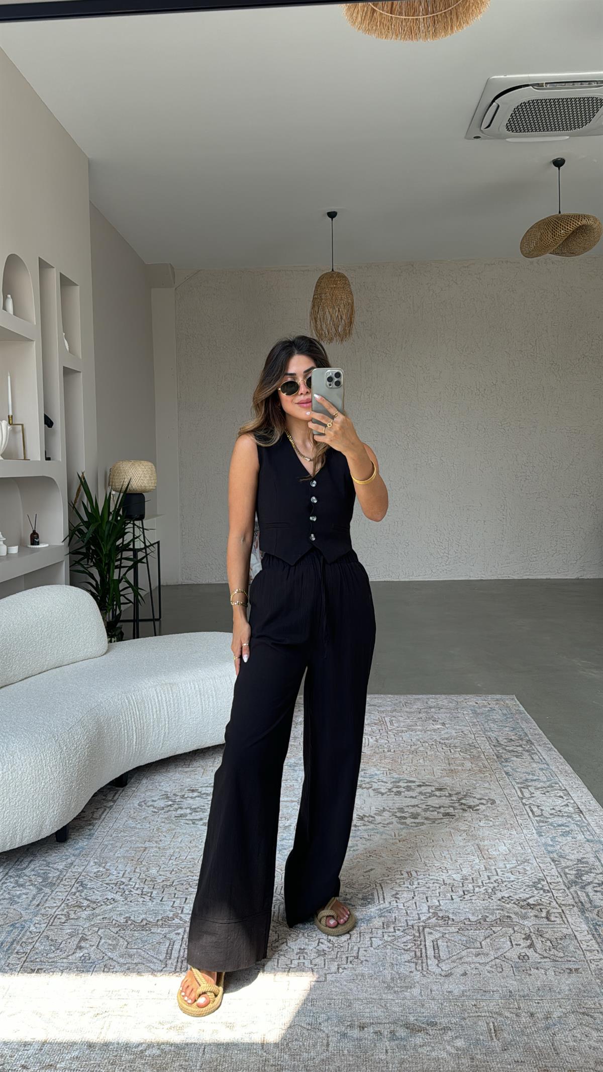 Siyah ZR Yelekli Keten Takım