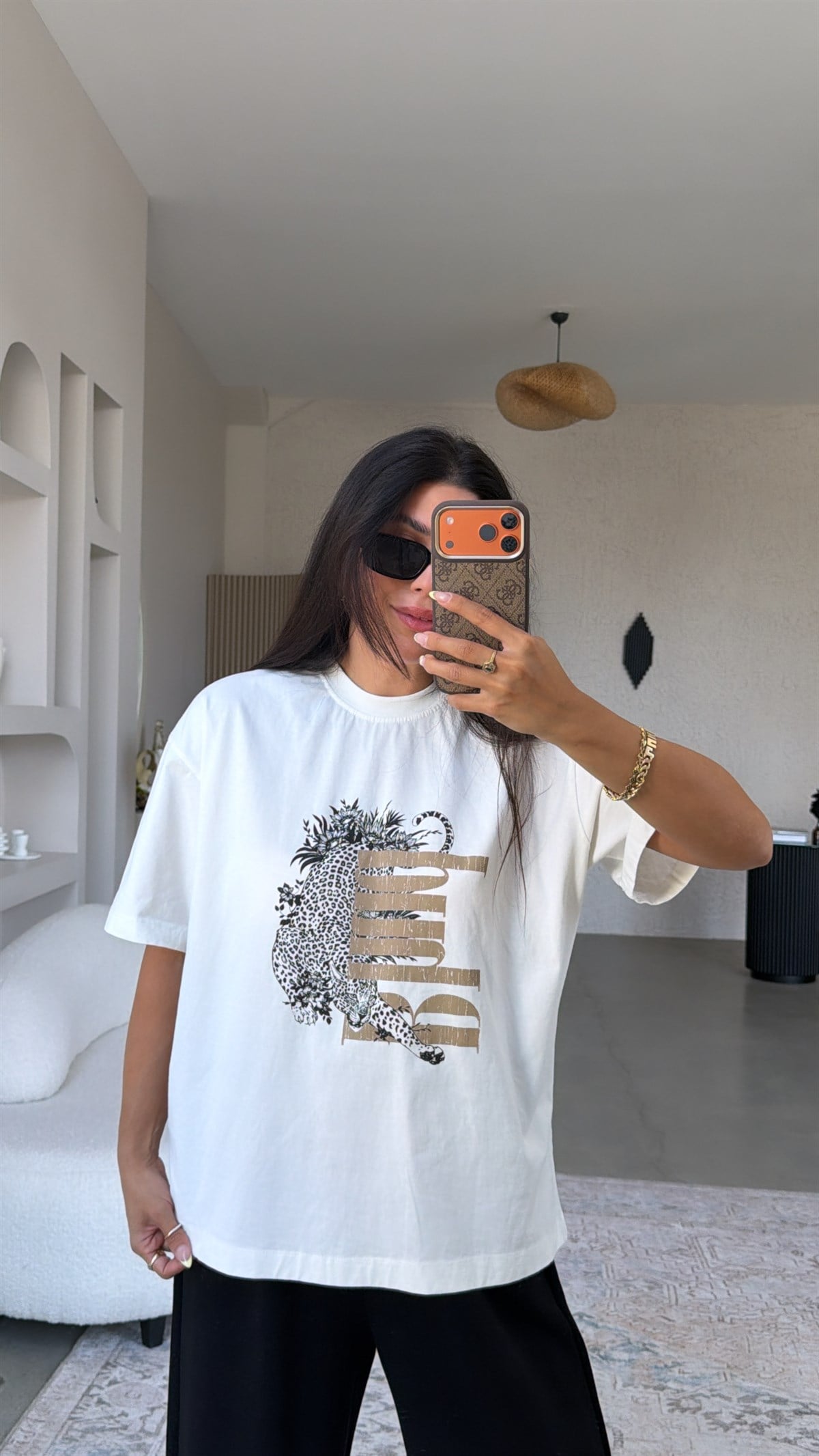 Siyahlı Kaplan Baskılı Pamuk Tshirt