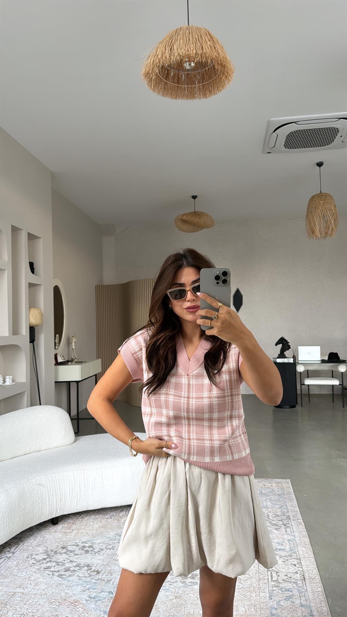 Soft Pudra Kare Desenli Triko Bluz