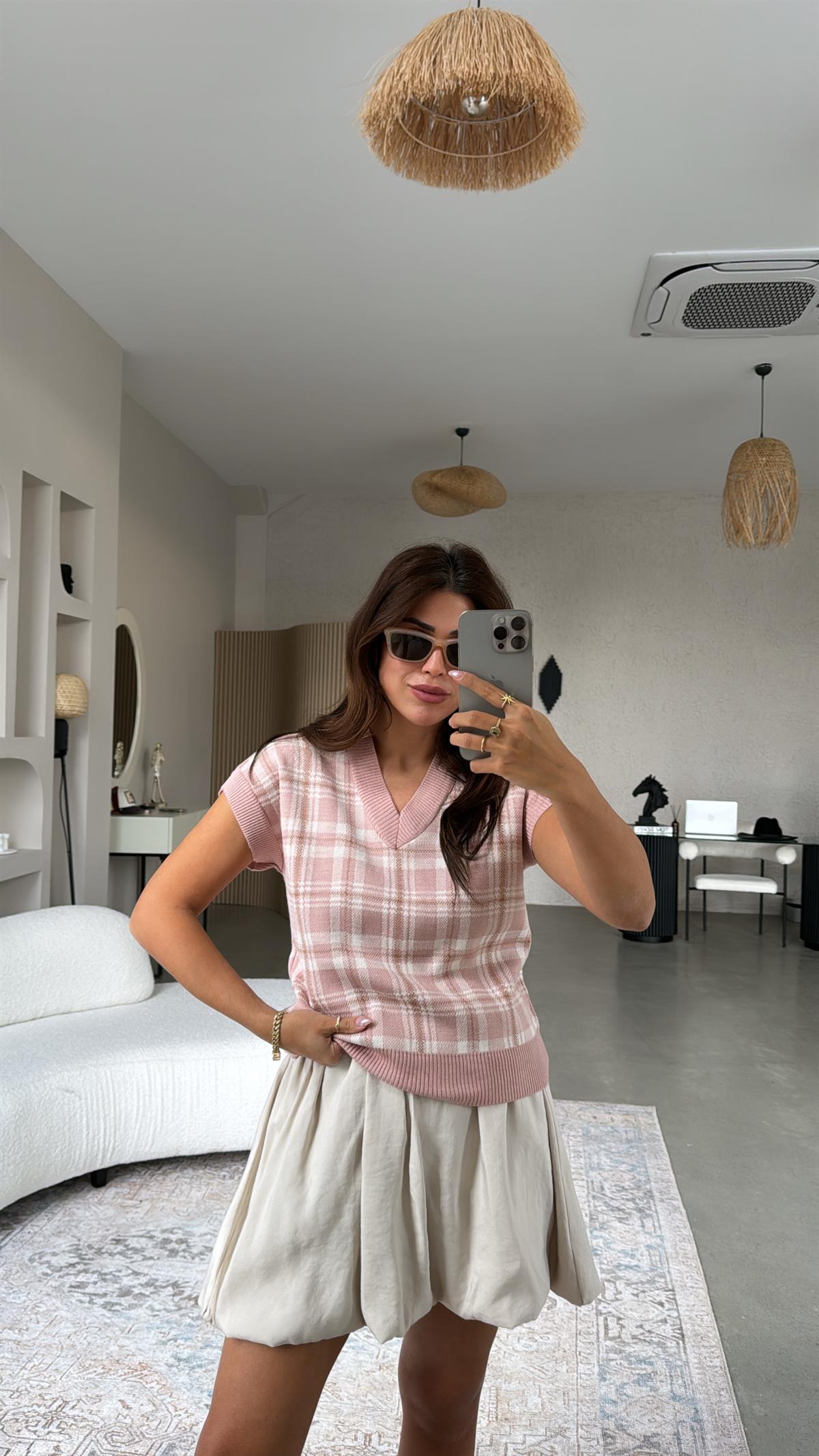 Soft Pudra Kare Desenli Triko Bluz