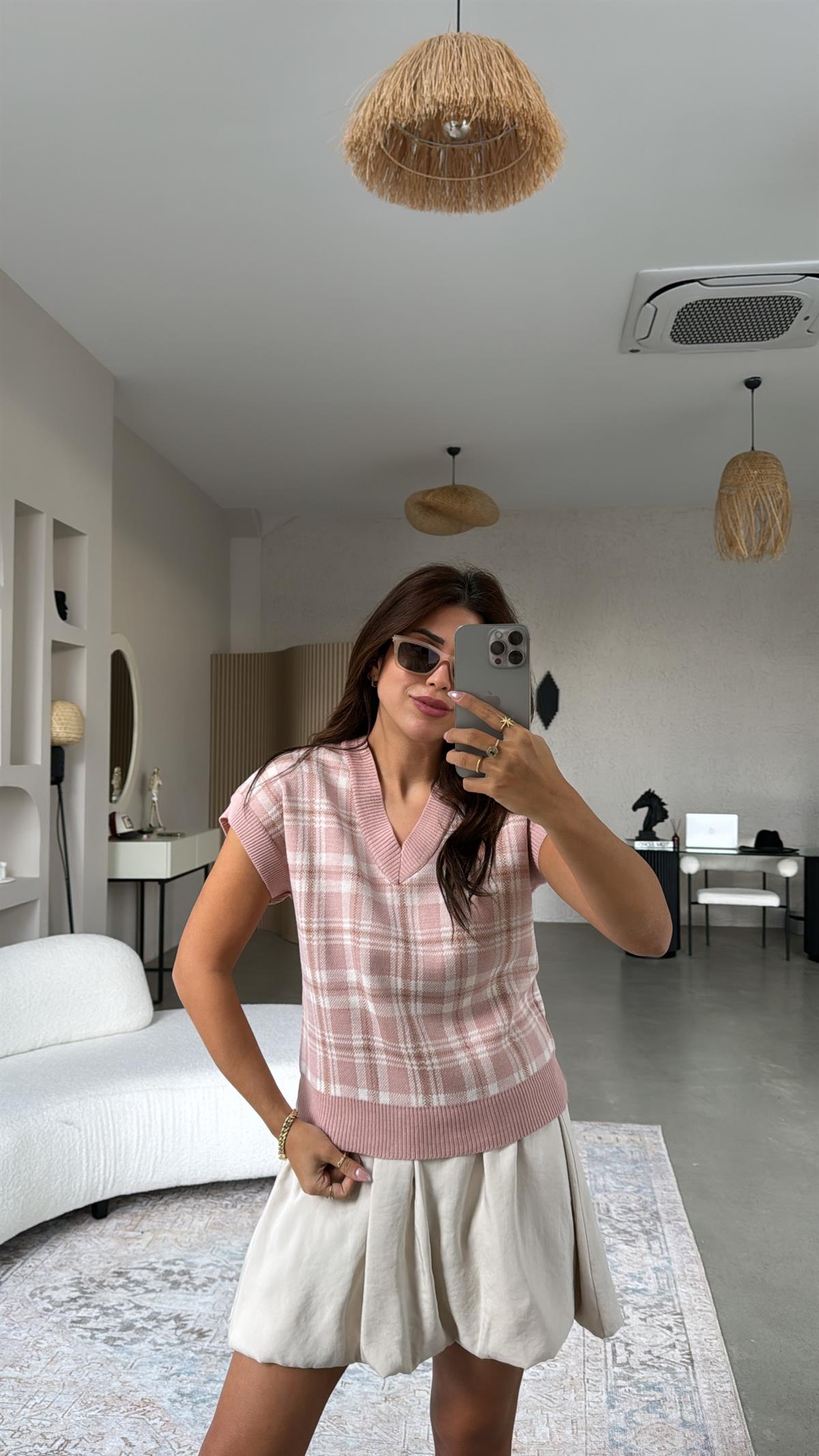 Soft Pudra Kare Desenli Triko Bluz