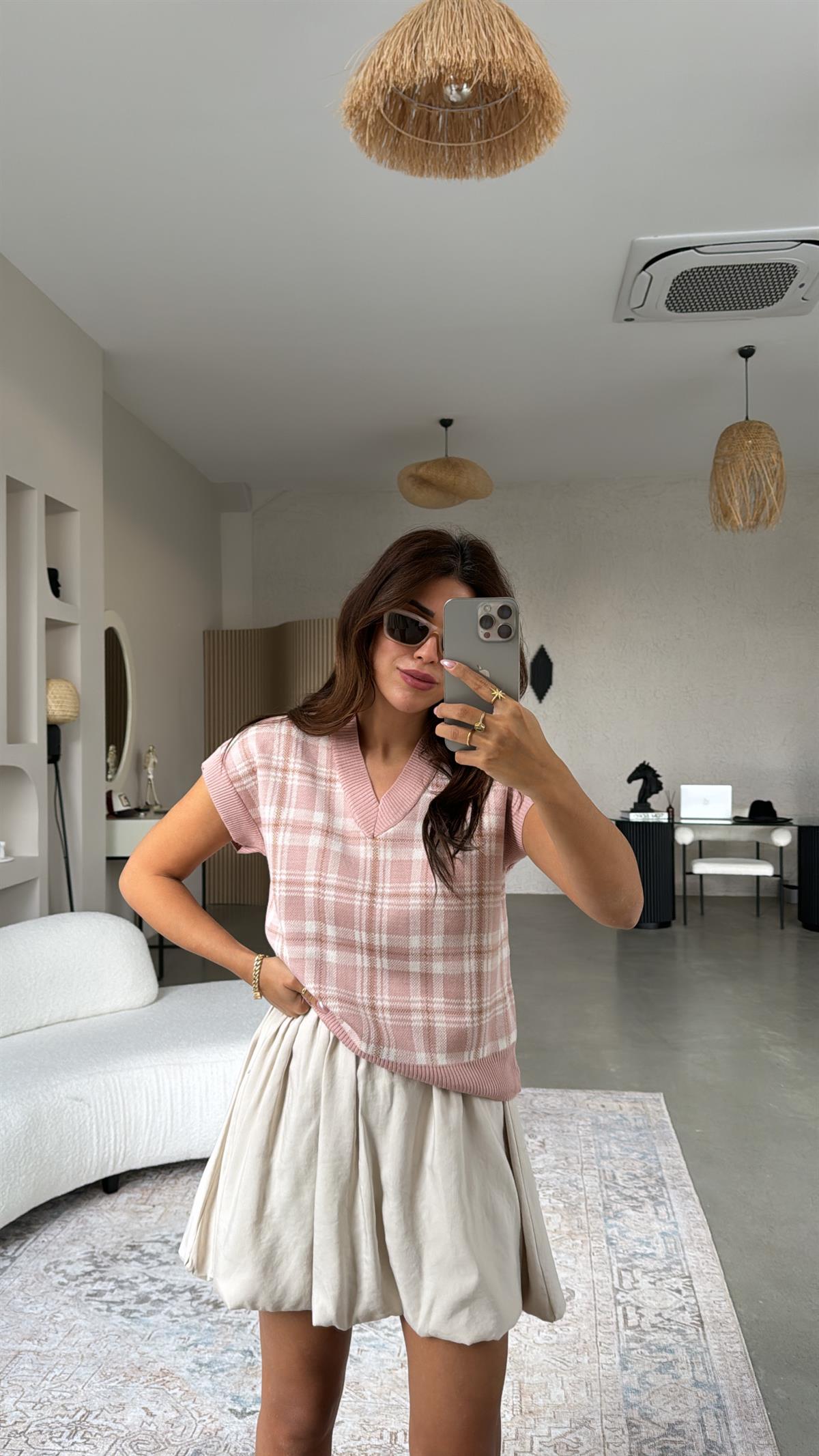 Soft Pudra Kare Desenli Triko Bluz