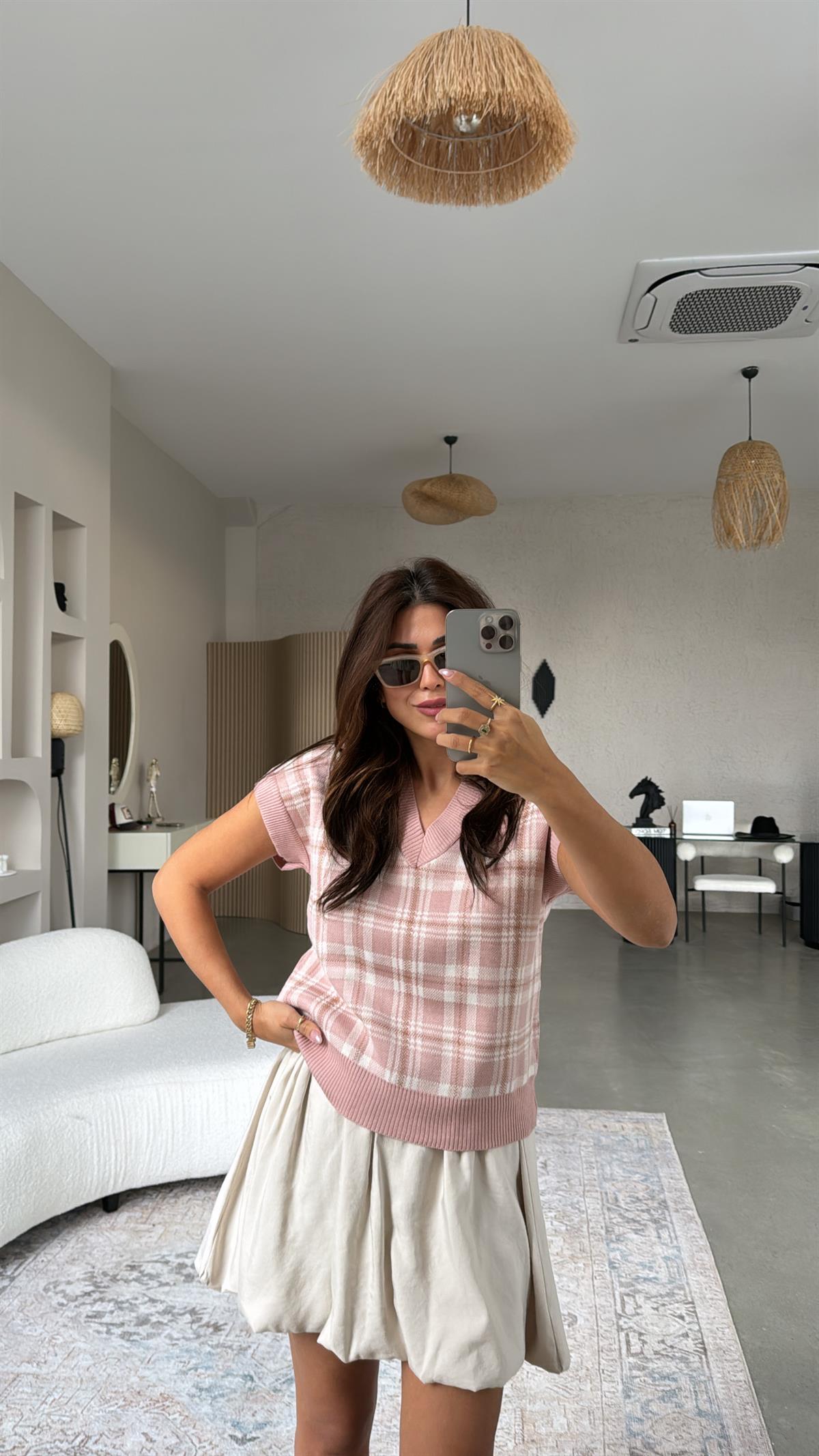 Soft Pudra Kare Desenli Triko Bluz