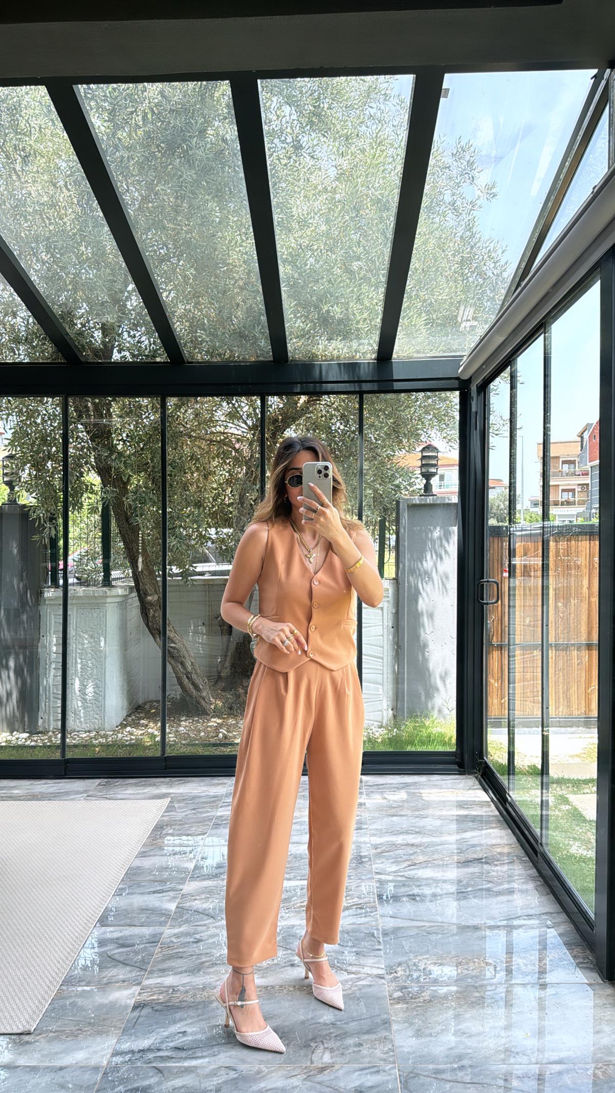 Camel Yelek Pantolon Kumaş Takım
