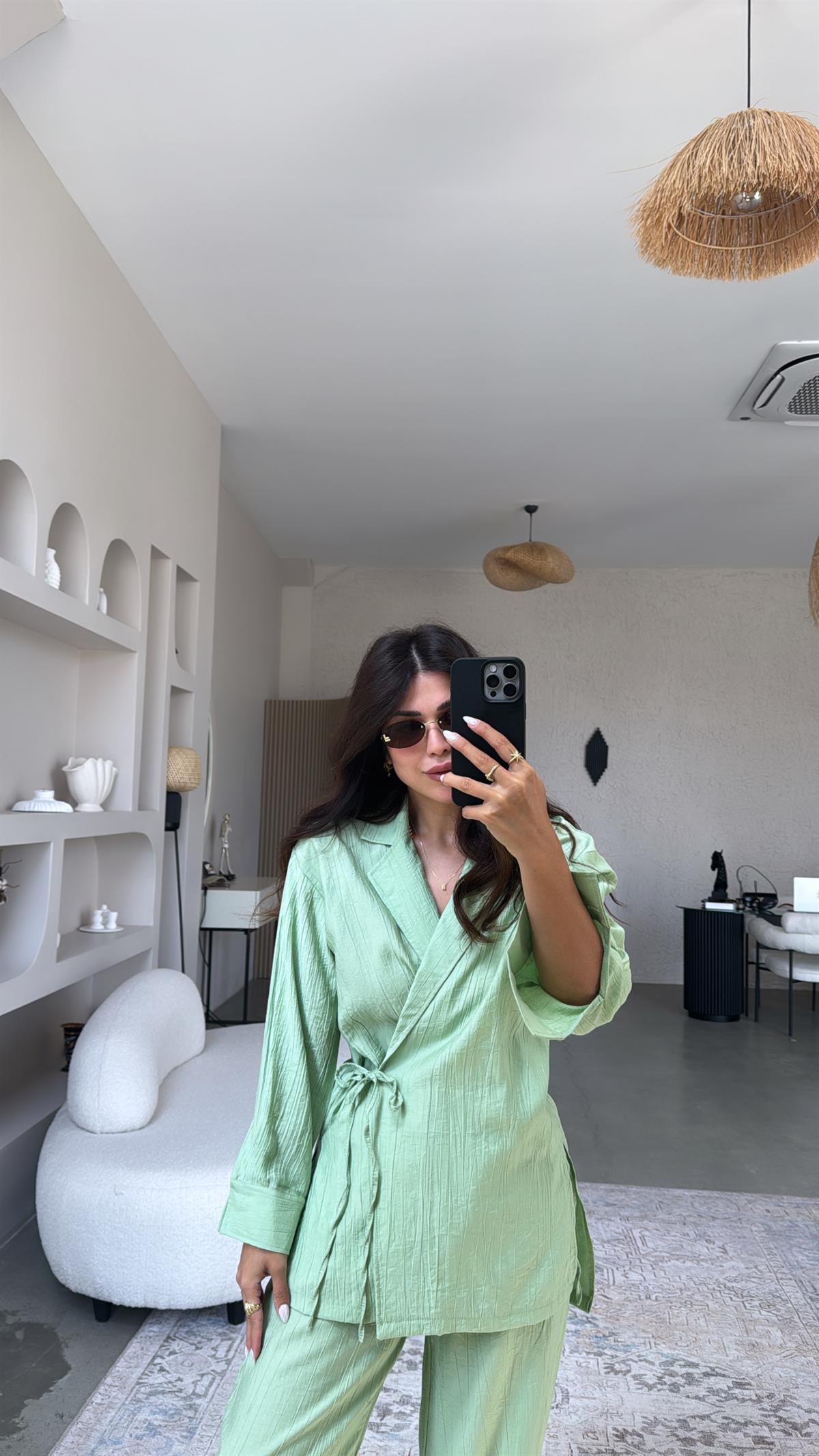 Su Yeşili Dokuma Kruvaze Yaka Gömlek Takım