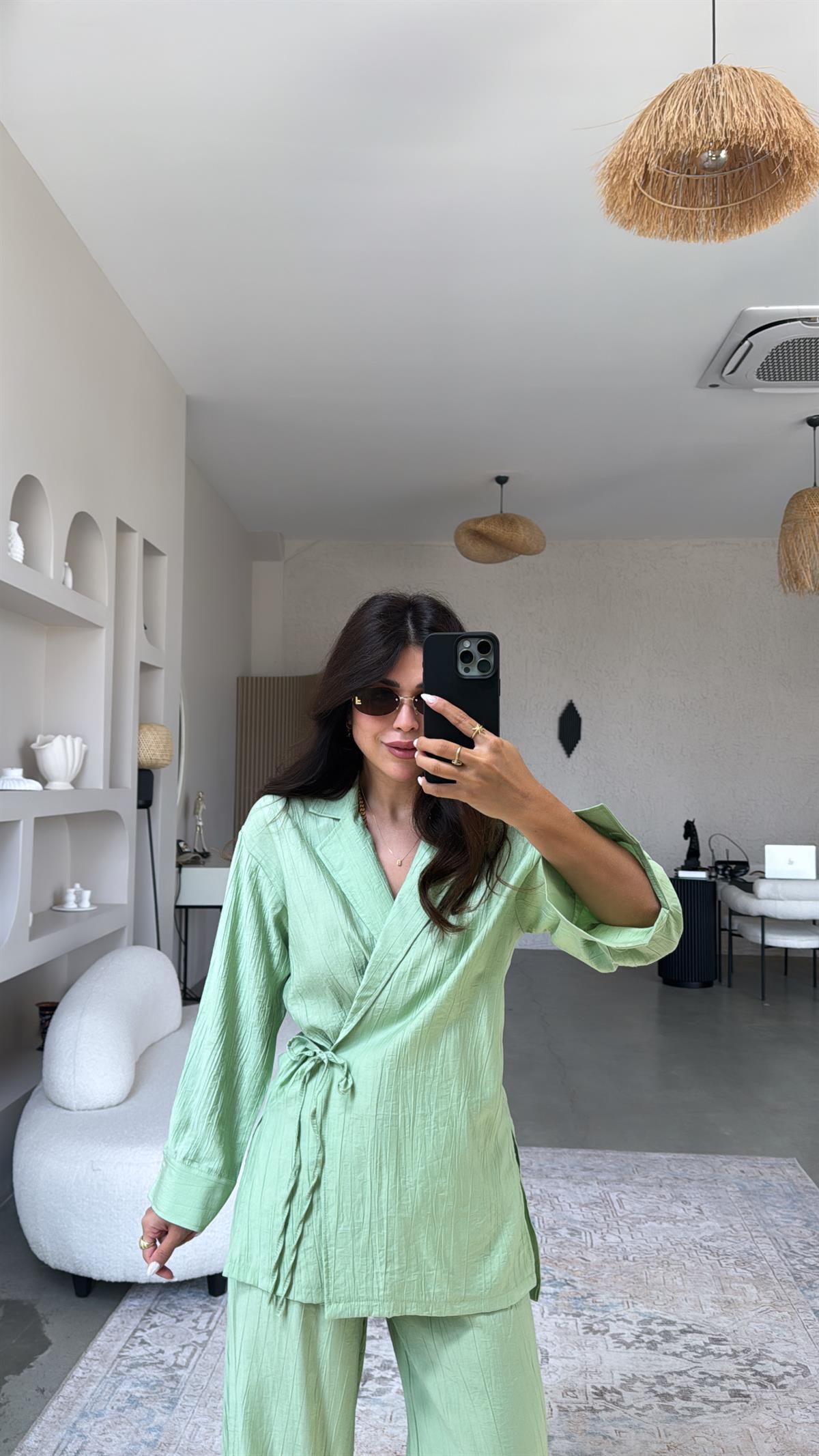 Su Yeşili Dokuma Kruvaze Yaka Gömlek Takım