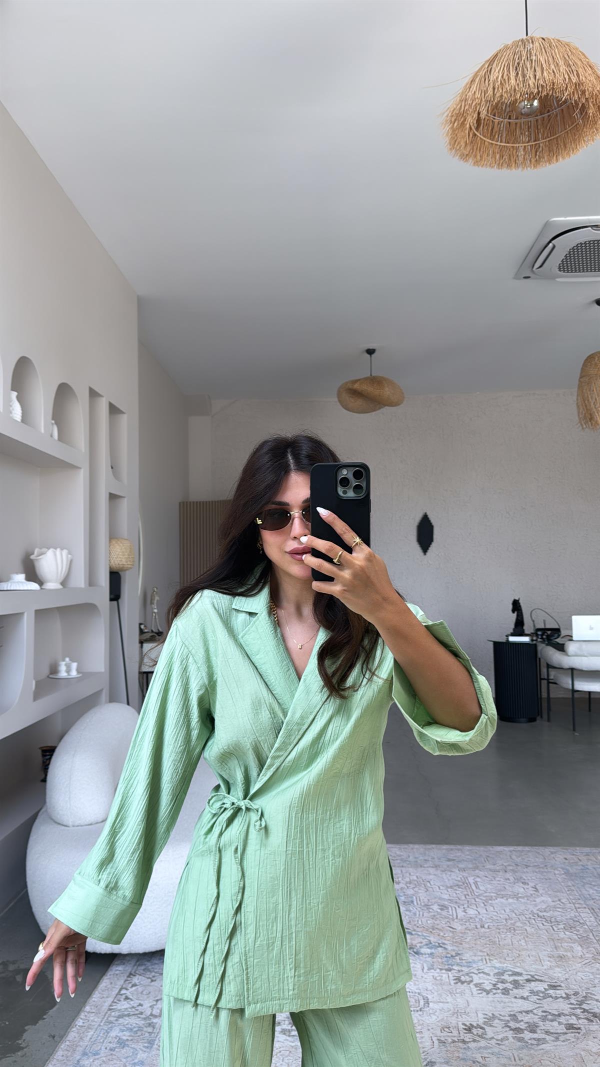 Su Yeşili Dokuma Kruvaze Yaka Gömlek Takım