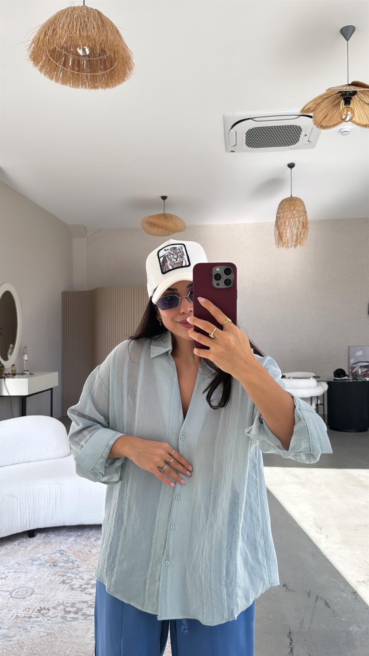 Su Yeşili Premium Dokulu Gömlek