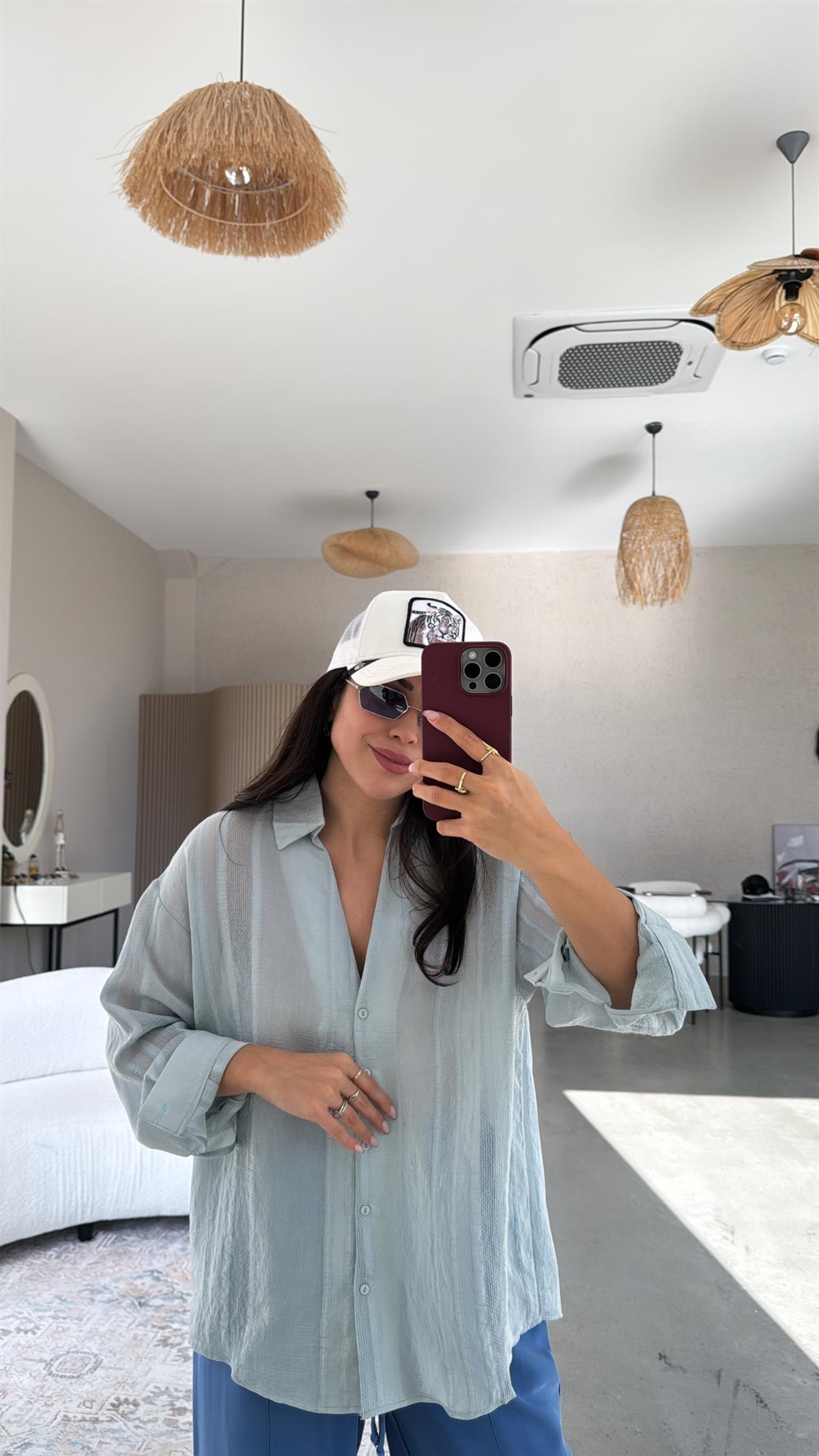 Su Yeşili Premium Dokulu Gömlek