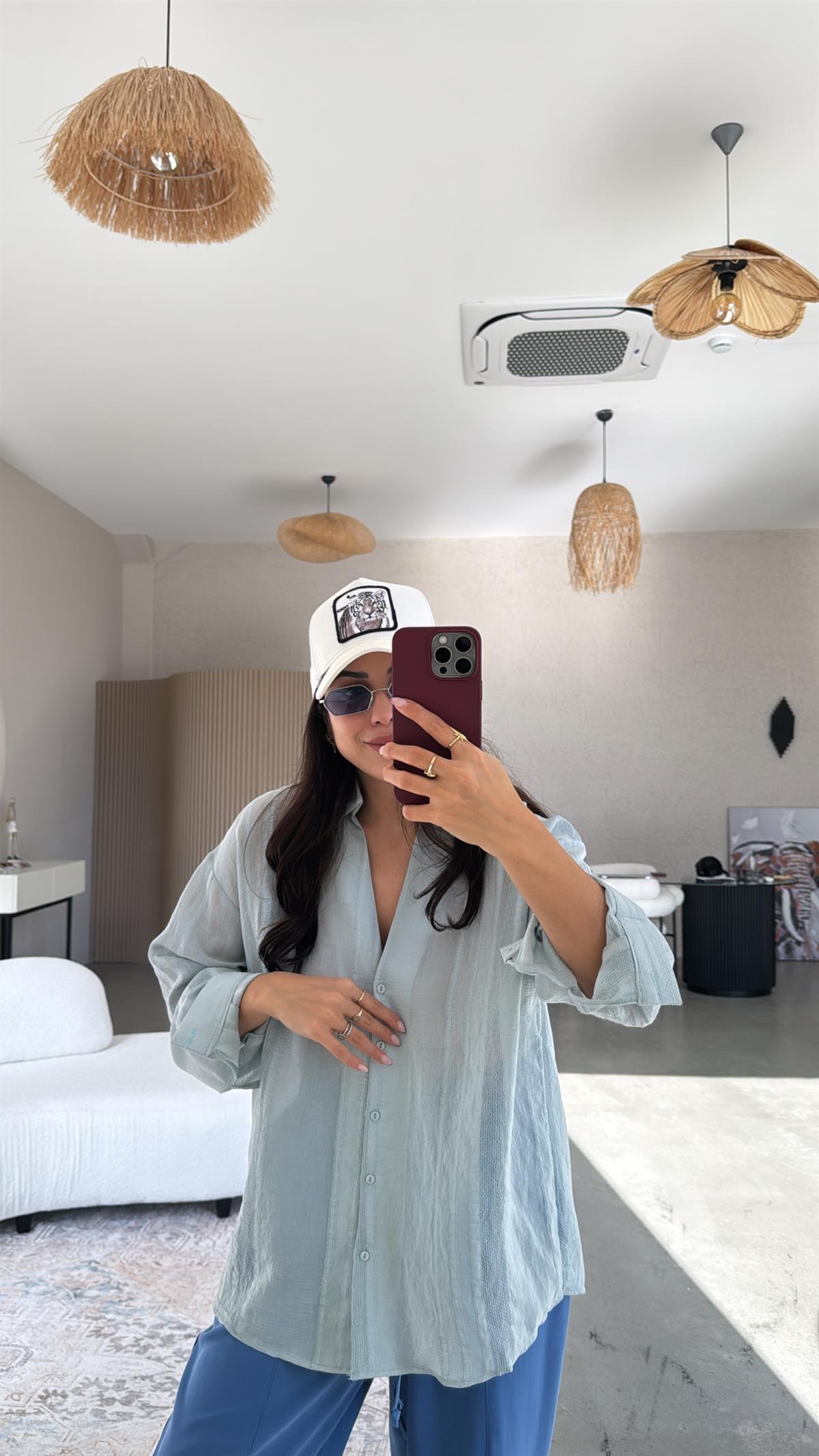 Su Yeşili Premium Dokulu Gömlek