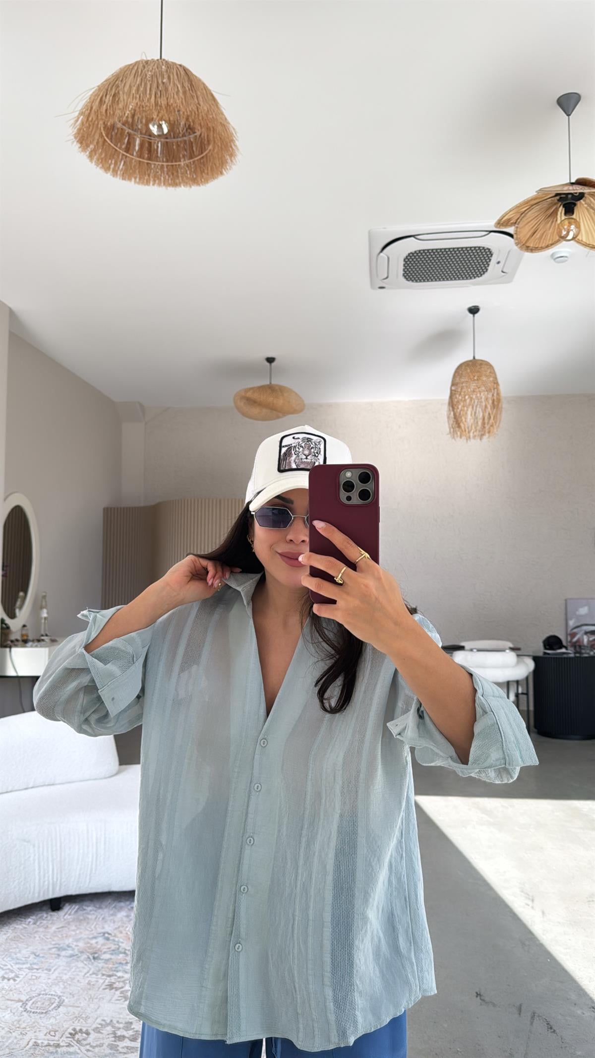 Su Yeşili Premium Dokulu Gömlek