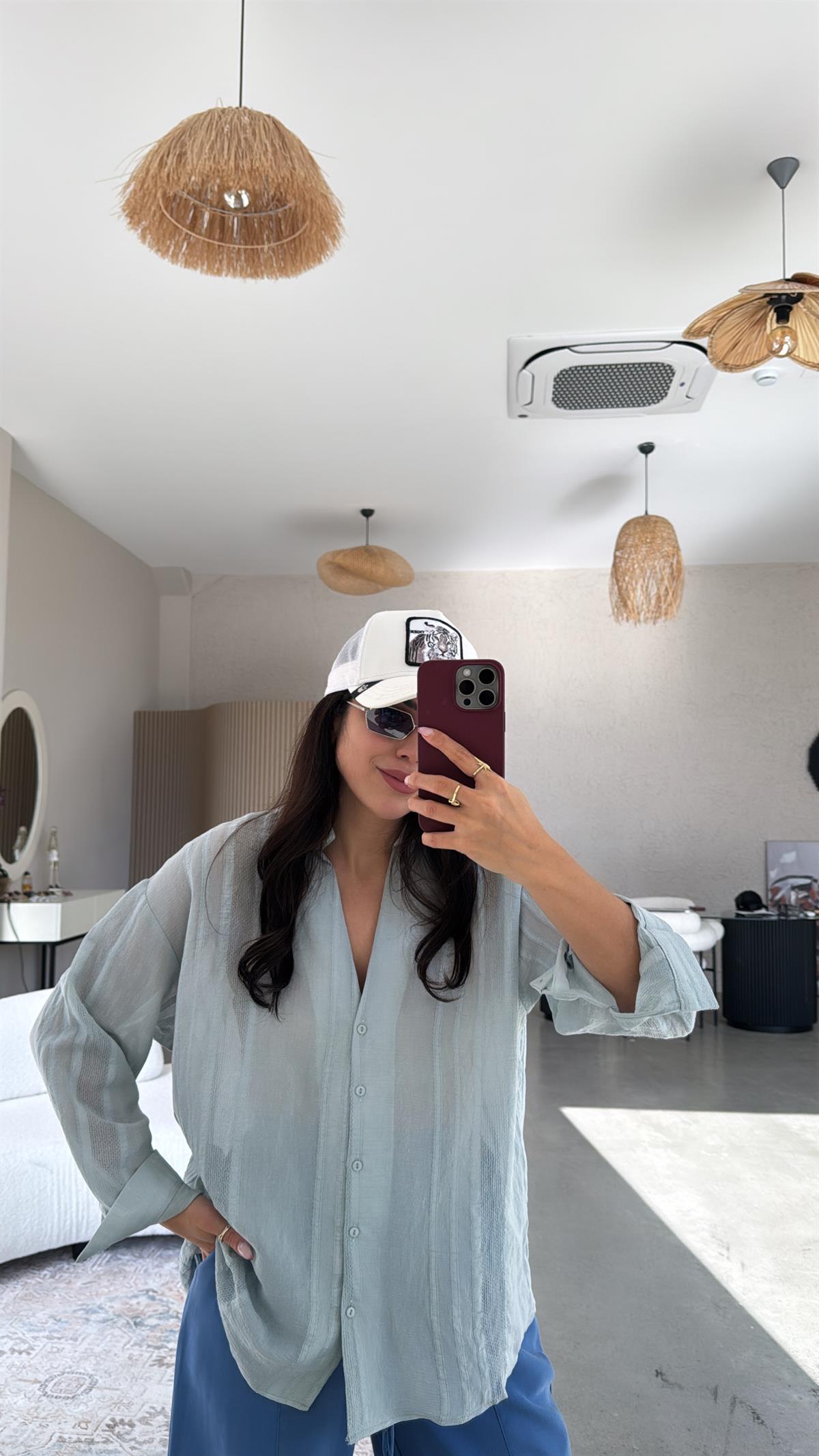 Su Yeşili Premium Dokulu Gömlek