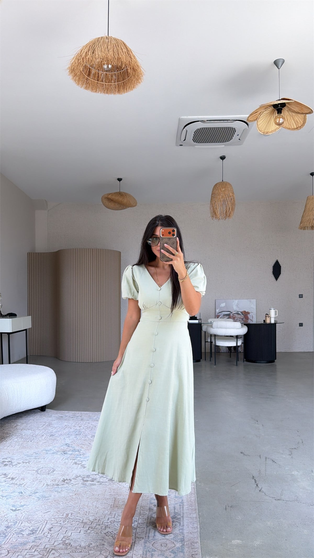 Su Yeşili Romantik Düğmeli Elbise