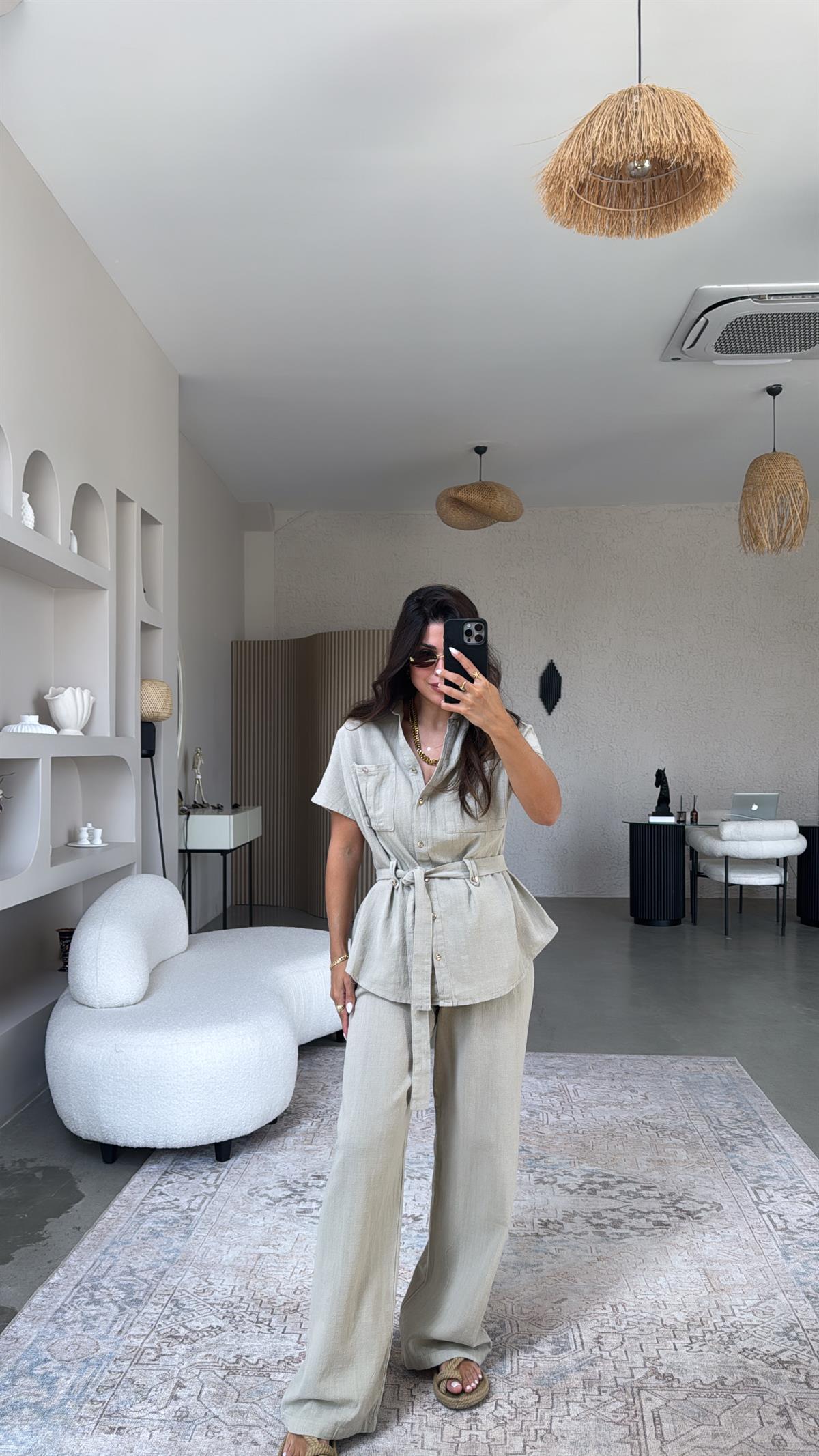 Taş Massi Keten Yelek Pantolon Takım