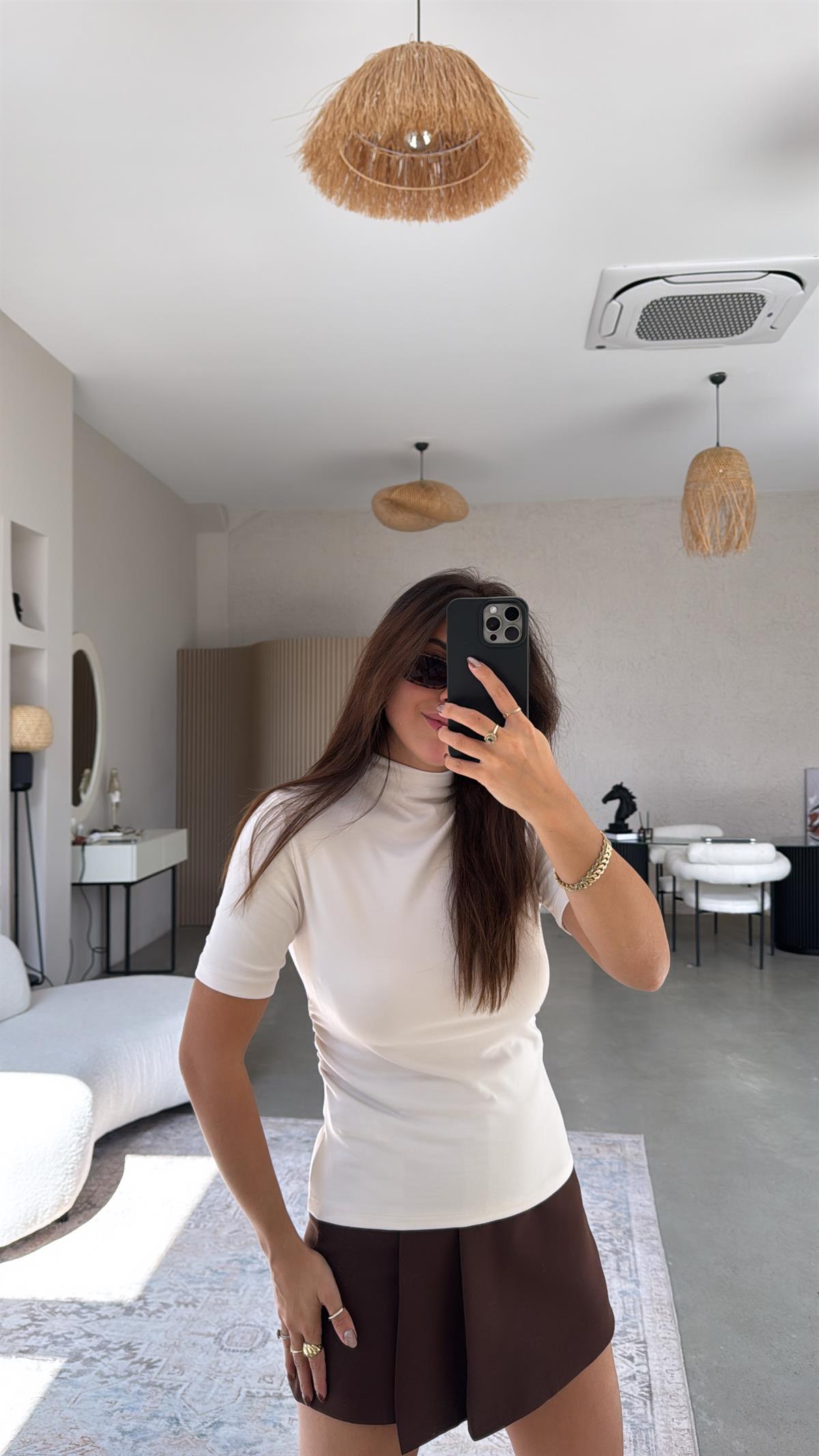 Taş Rengi Dik Yaka Büzgü Detay Modal Basic